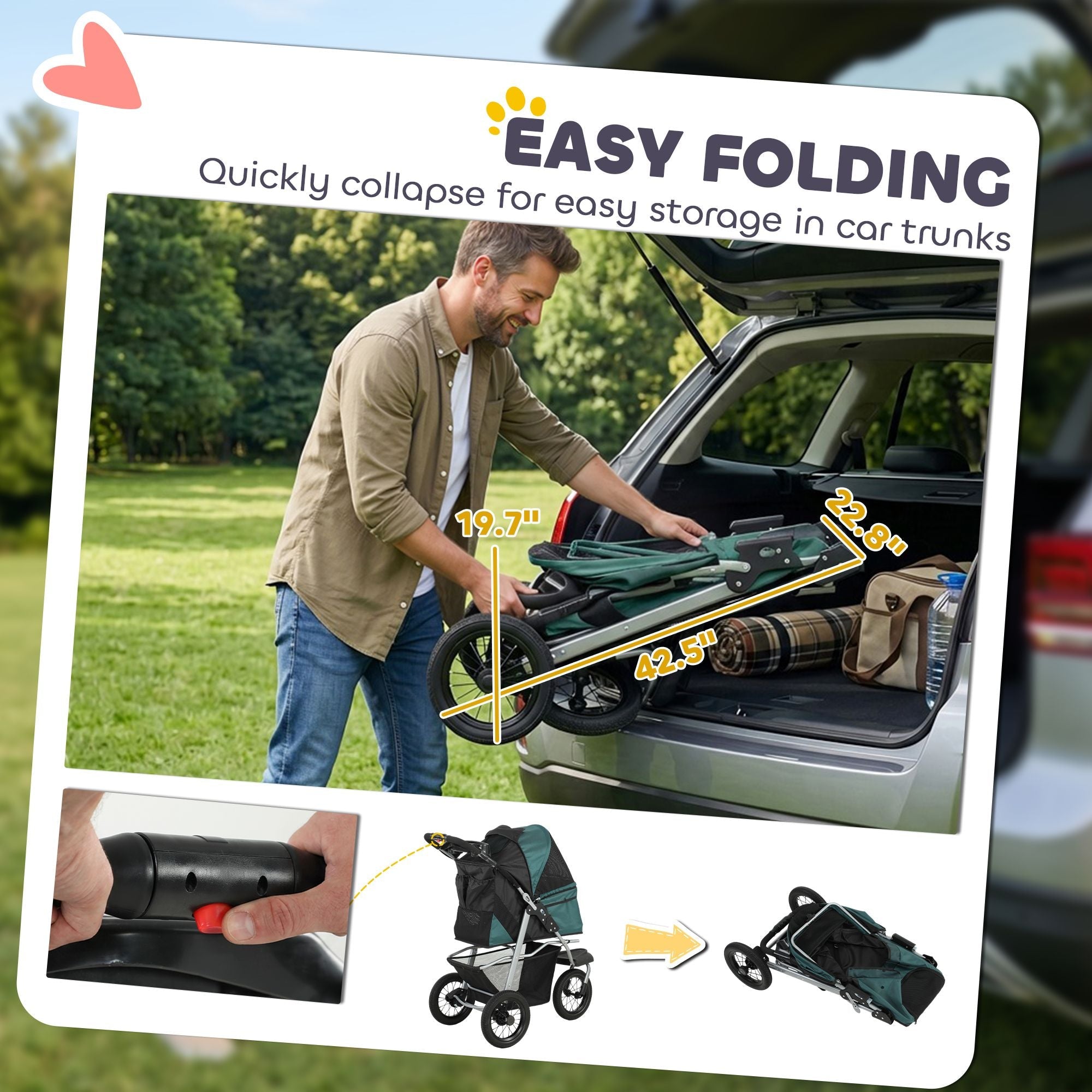 Premium Foldable Dog Stroller with 12 - Inch Rubber Wheels for Small Breeds, Lightweight and Stylish, Perfect for Pets Up to 22 LBS - Dark Green - Dog Time Outlet