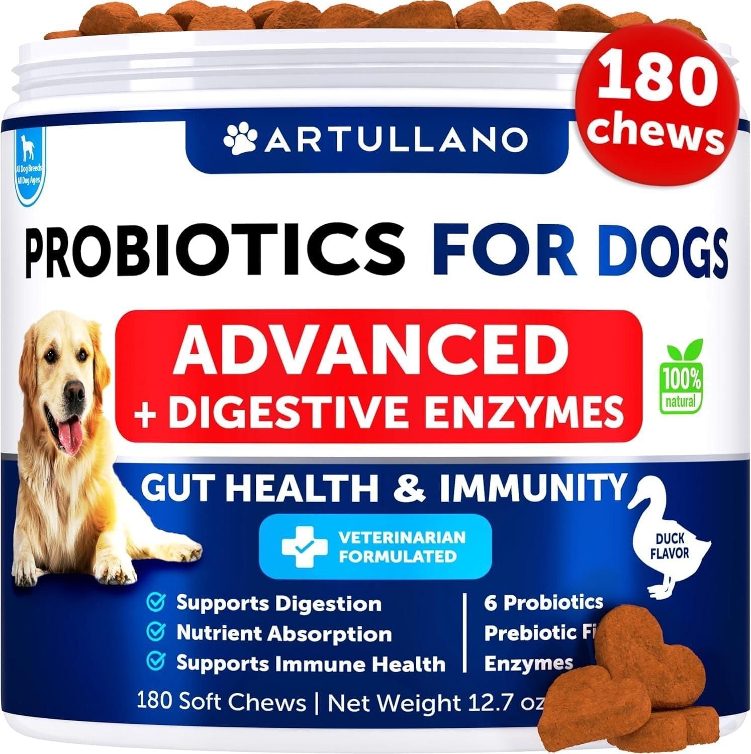 Probiotics for Dogs Support Gut Health Itchy Skin Allergies Immunity Yeast Balance Dog Probiotics and Digestive Enzymes with Prebiotics Reduce Diarrhea Gas 180 Probiotic Chews for Dogs - Dog Time Outlet