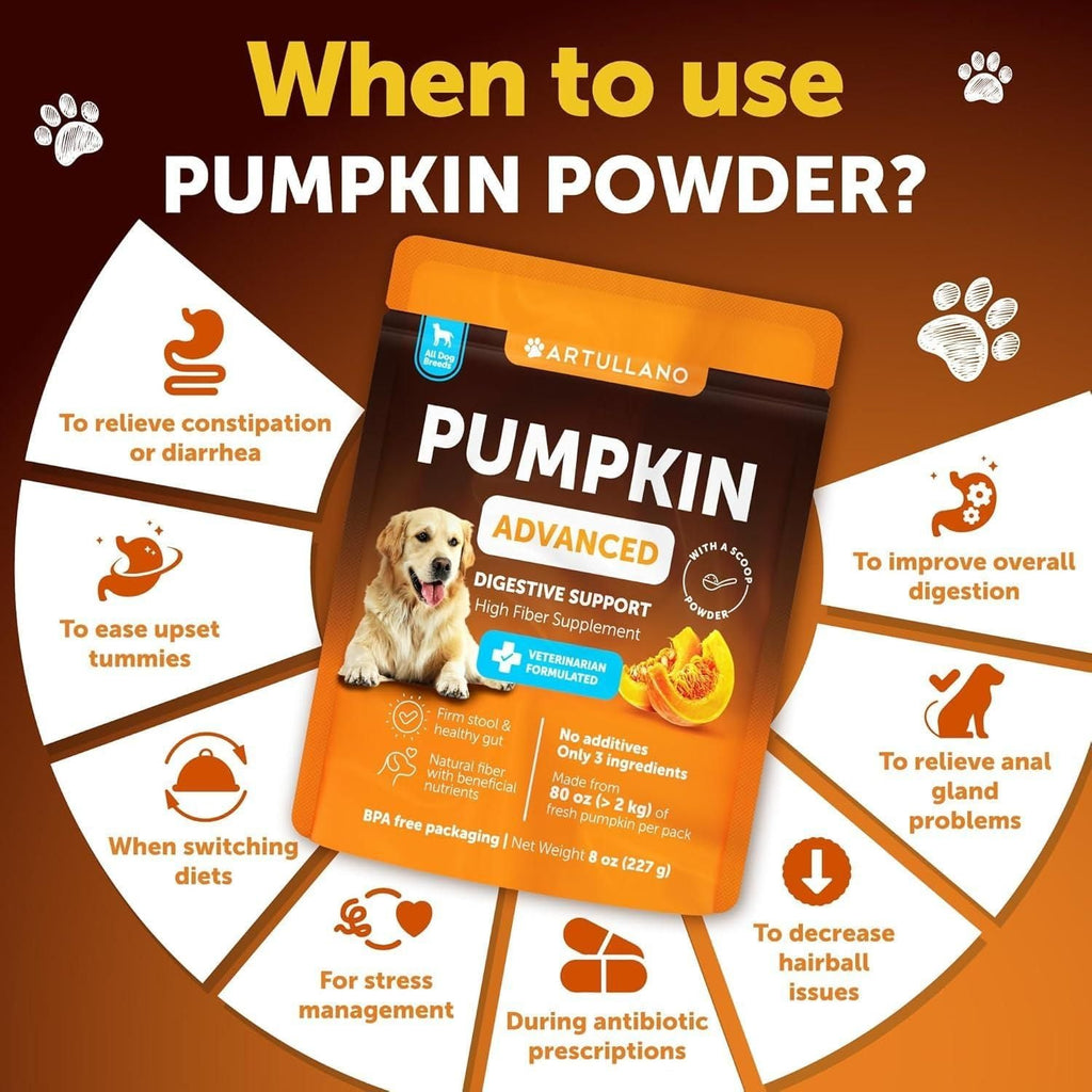 Pumpkin Powder for Dogs Digestive Support 8 OZ Fiber Supplement for Constipation for Gut Balance Healthy Skin Digestion Anal Glands Firm Stool Poop Anti Diarrhea Gas Relief - Dog Time Outlet
