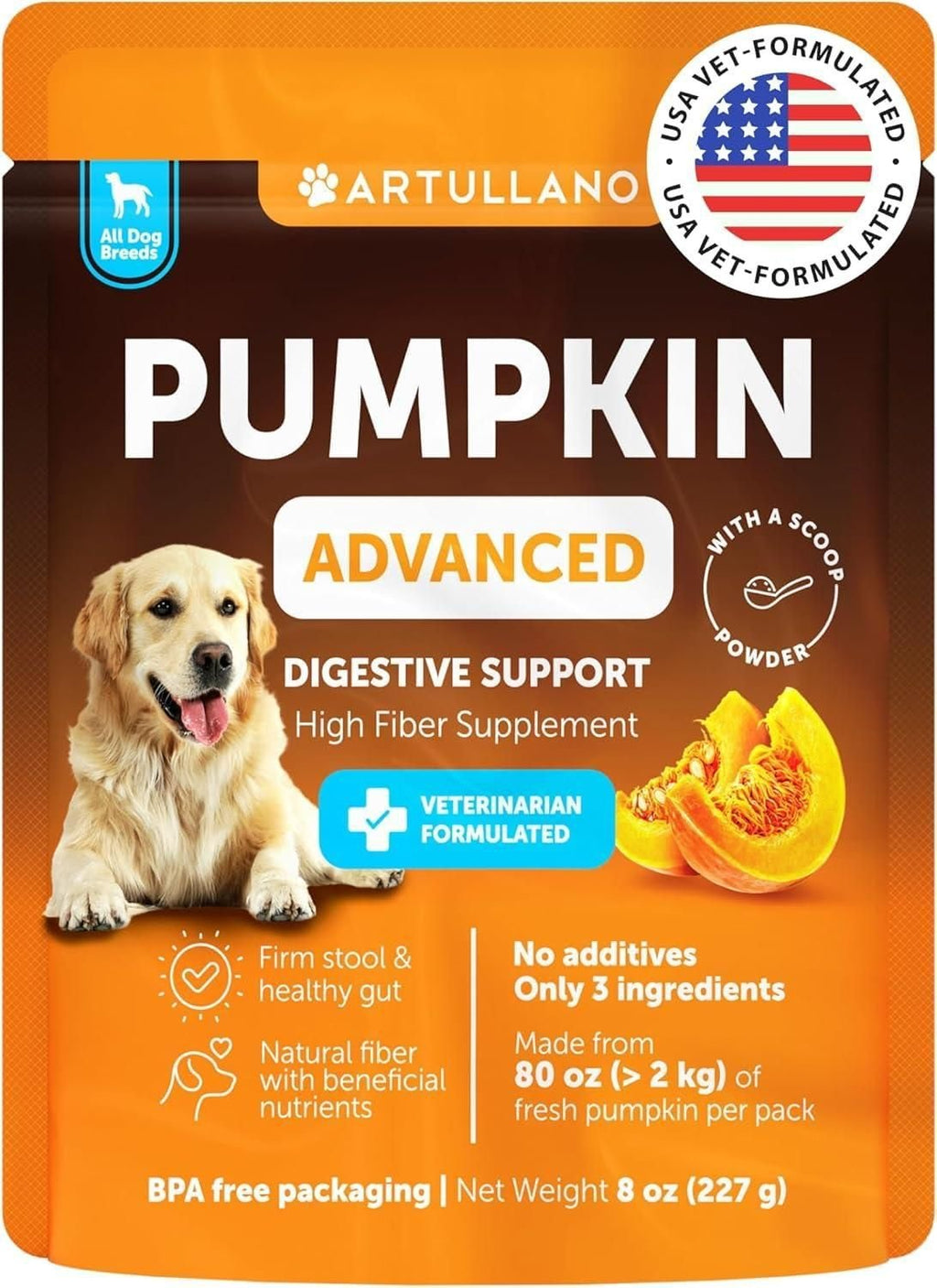 Pumpkin Powder for Dogs Digestive Support 8 OZ Fiber Supplement for Constipation for Gut Balance Healthy Skin Digestion Anal Glands Firm Stool Poop Anti Diarrhea Gas Relief - Dog Time Outlet