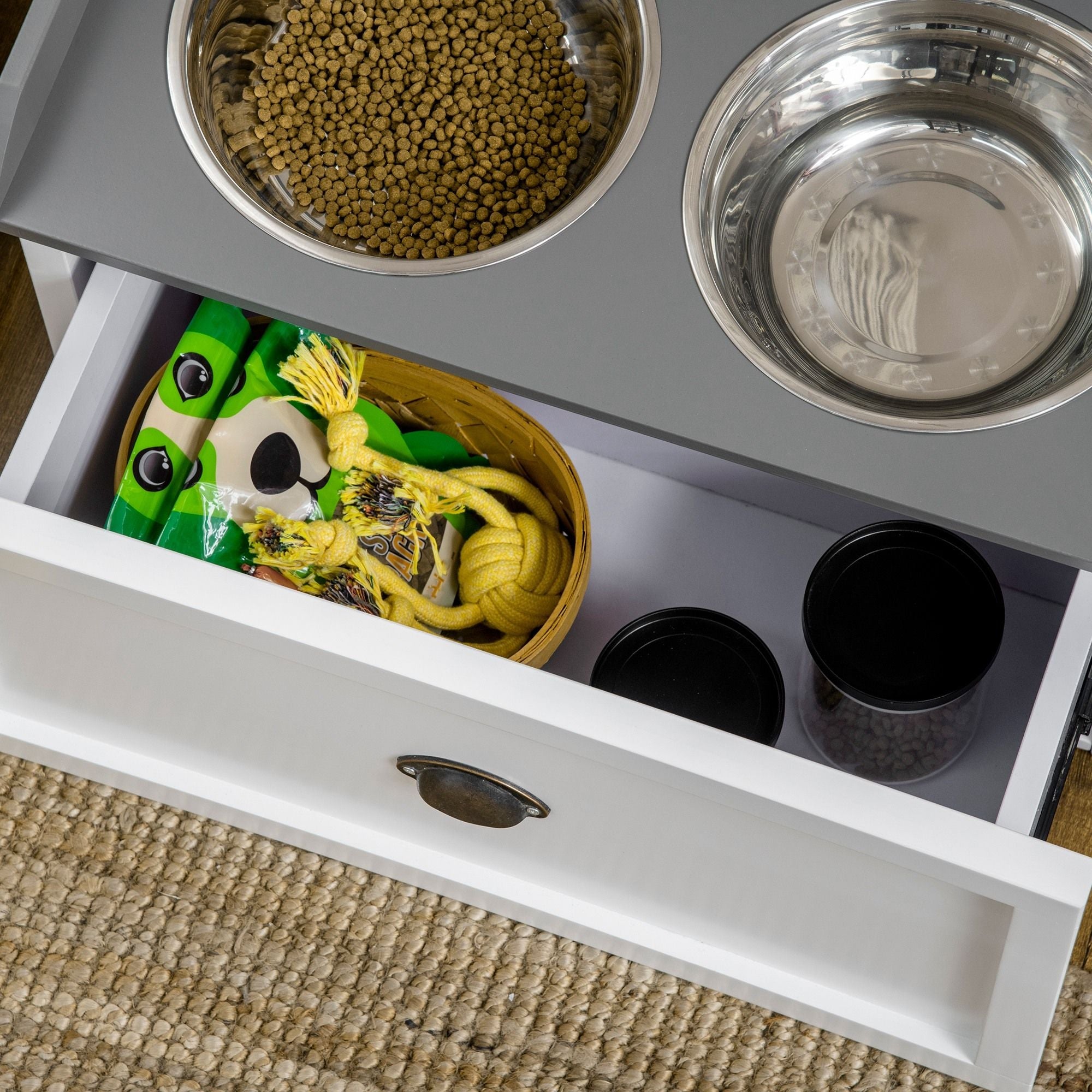 Raised Pet Feeder, Large Pet Dish Bowl Set with Storage Drawer, 2 Steel Bowls, White - Dog Time Outlet