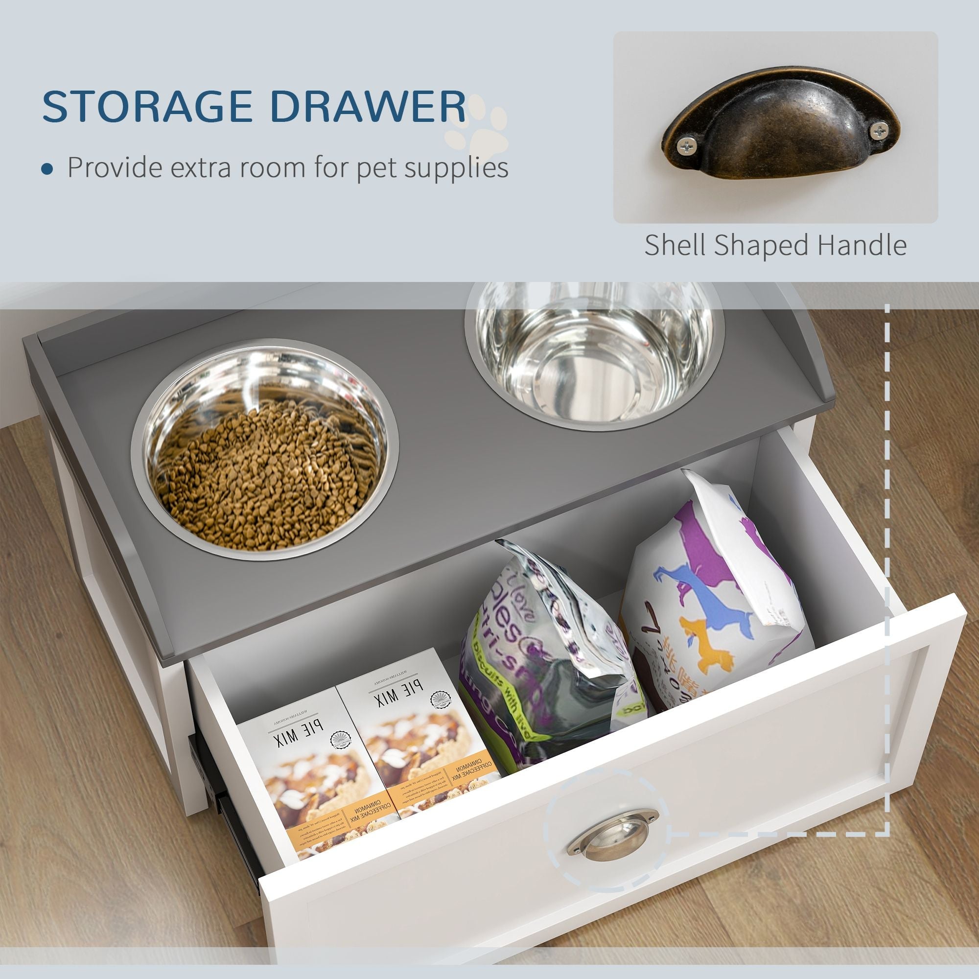 Raised Pet Feeder, Large Pet Dish Bowl Set with Storage Drawer, 2 Steel Bowls, White - Dog Time Outlet