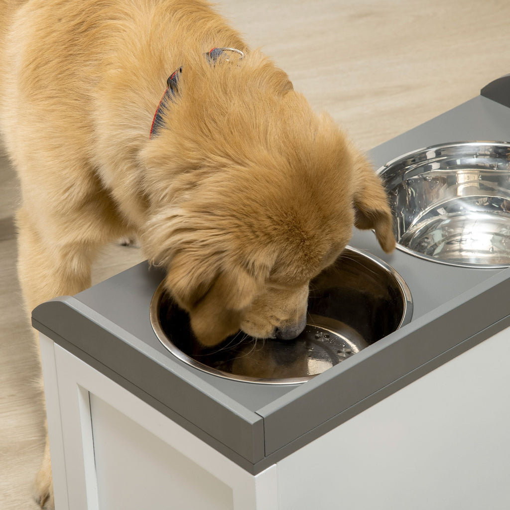 Raised Pet Feeder, Large Pet Dish Bowl Set with Storage Drawer, 2 Steel Bowls, White - Dog Time Outlet