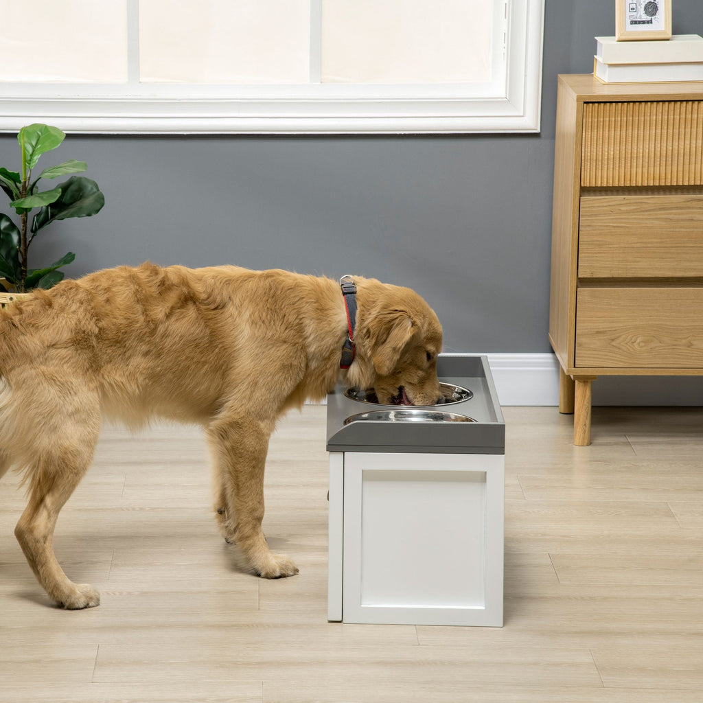 Raised Pet Feeder, Large Pet Dish Bowl Set with Storage Drawer, 2 Steel Bowls, White - Dog Time Outlet