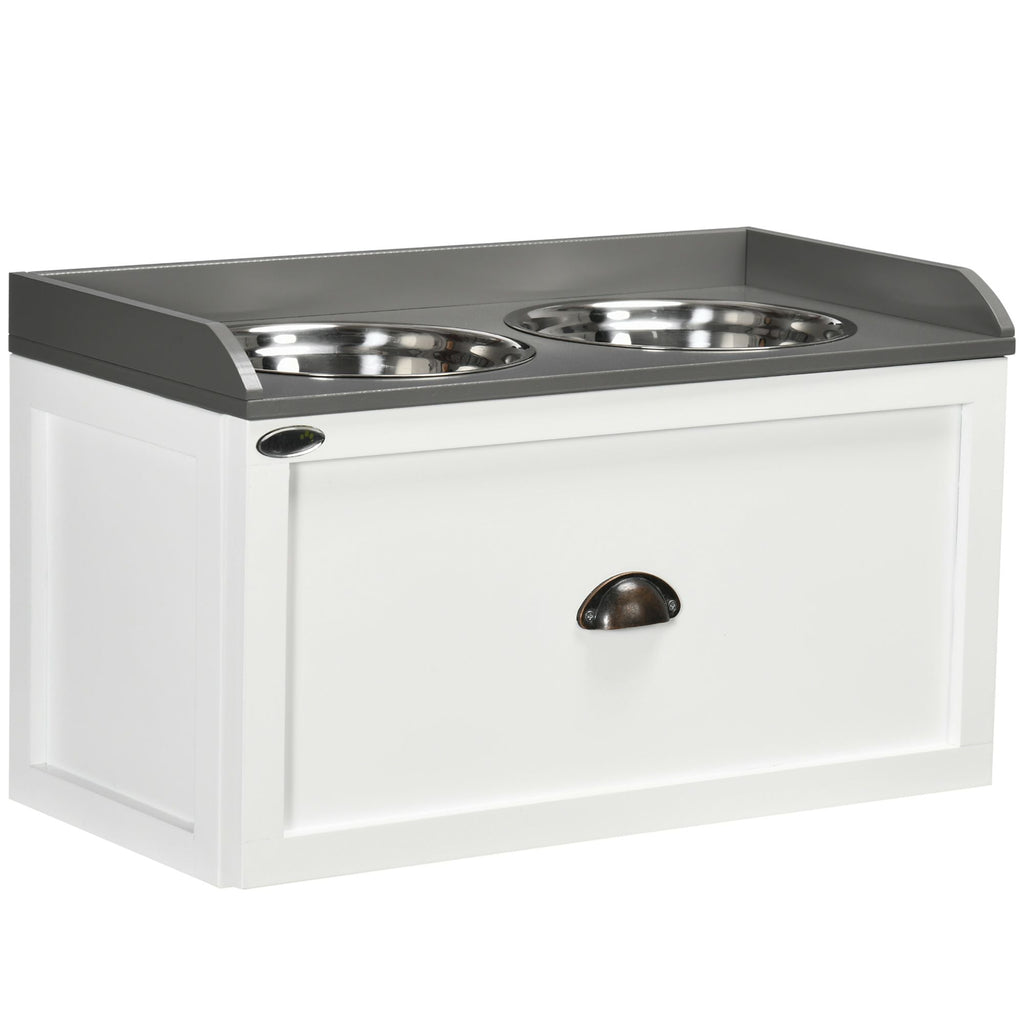 Raised Pet Feeder, Large Pet Dish Bowl Set with Storage Drawer, 2 Steel Bowls, White - Dog Time Outlet