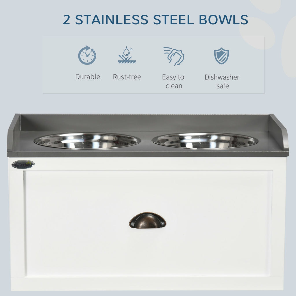 Raised Pet Feeder, Large Pet Dish Bowl Set with Storage Drawer, 2 Steel Bowls, White - Dog Time Outlet