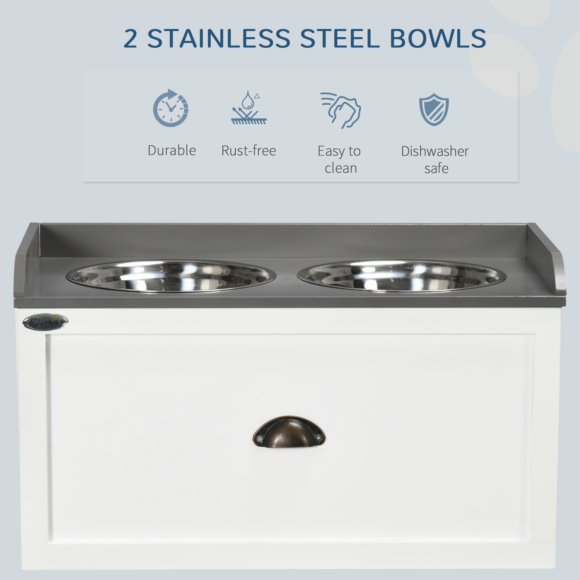Raised Pet Feeder, Large Pet Dish Bowl Set with Storage Drawer, 2 Steel Bowls, White - Dog Time Outlet