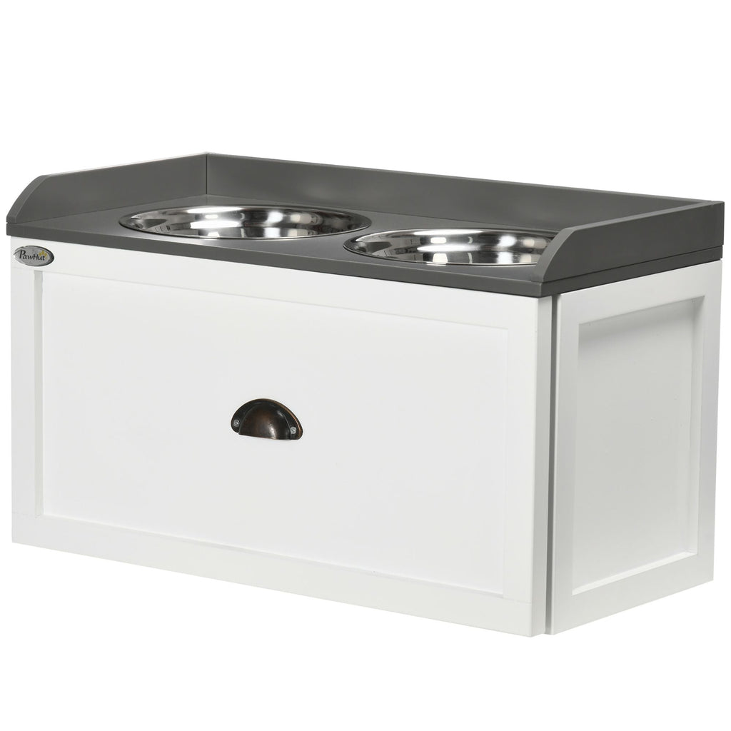 Raised Pet Feeder, Large Pet Dish Bowl Set with Storage Drawer, 2 Steel Bowls, White - Dog Time Outlet