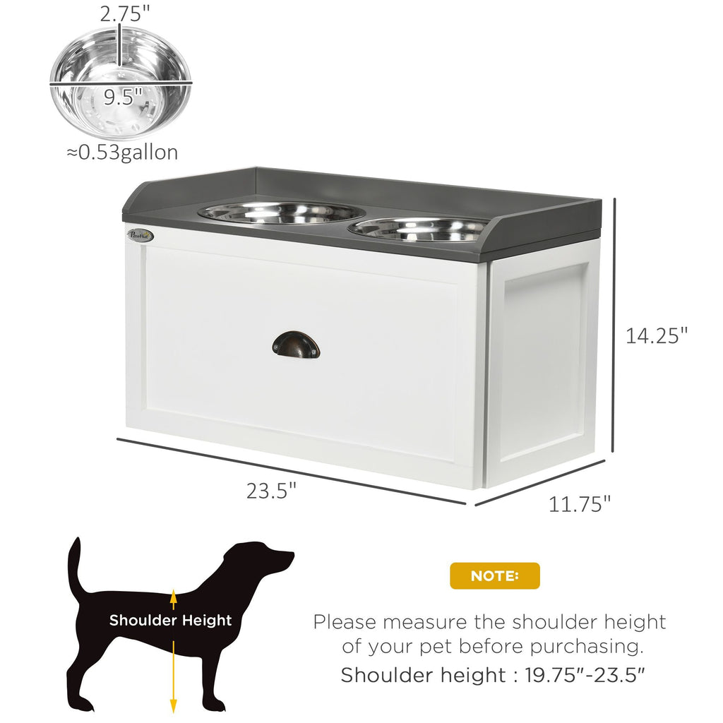 Raised Pet Feeder, Large Pet Dish Bowl Set with Storage Drawer, 2 Steel Bowls, White - Dog Time Outlet