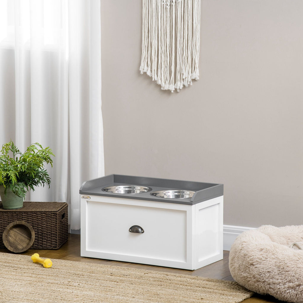 Raised Pet Feeder, Large Pet Dish Bowl Set with Storage Drawer, 2 Steel Bowls, White - Dog Time Outlet