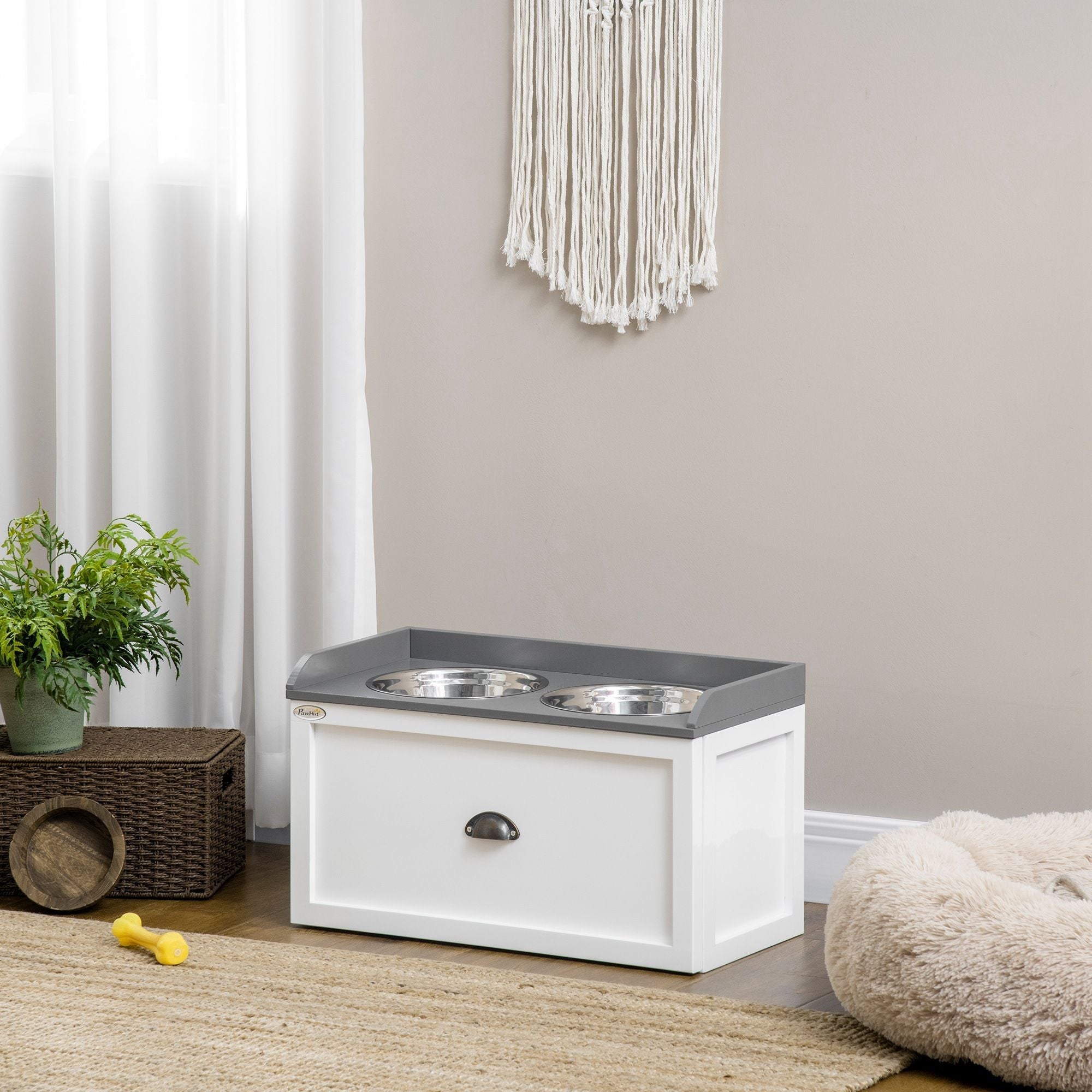 Raised Pet Feeder, Large Pet Dish Bowl Set with Storage Drawer, 2 Steel Bowls, White - Dog Time Outlet