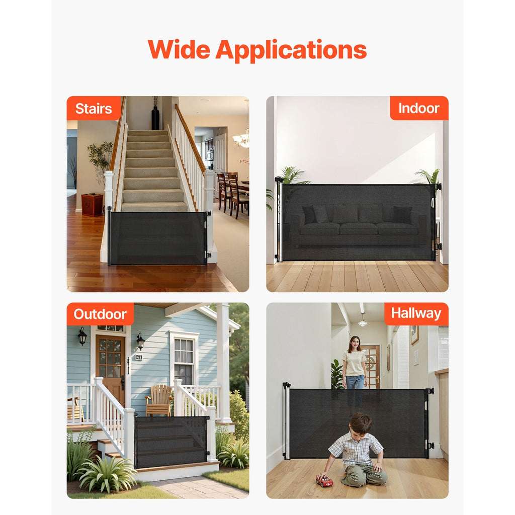 Retractable Baby Gate, Extends to 72.8 inch Wide, 31.3 inch Tall, with Security Lock, Easy to Use, Walk Through Without Tripping, Mesh Dog Gate for Stairs, Hallways, Indoor/Outdoor, Black - Dog Time Outlet