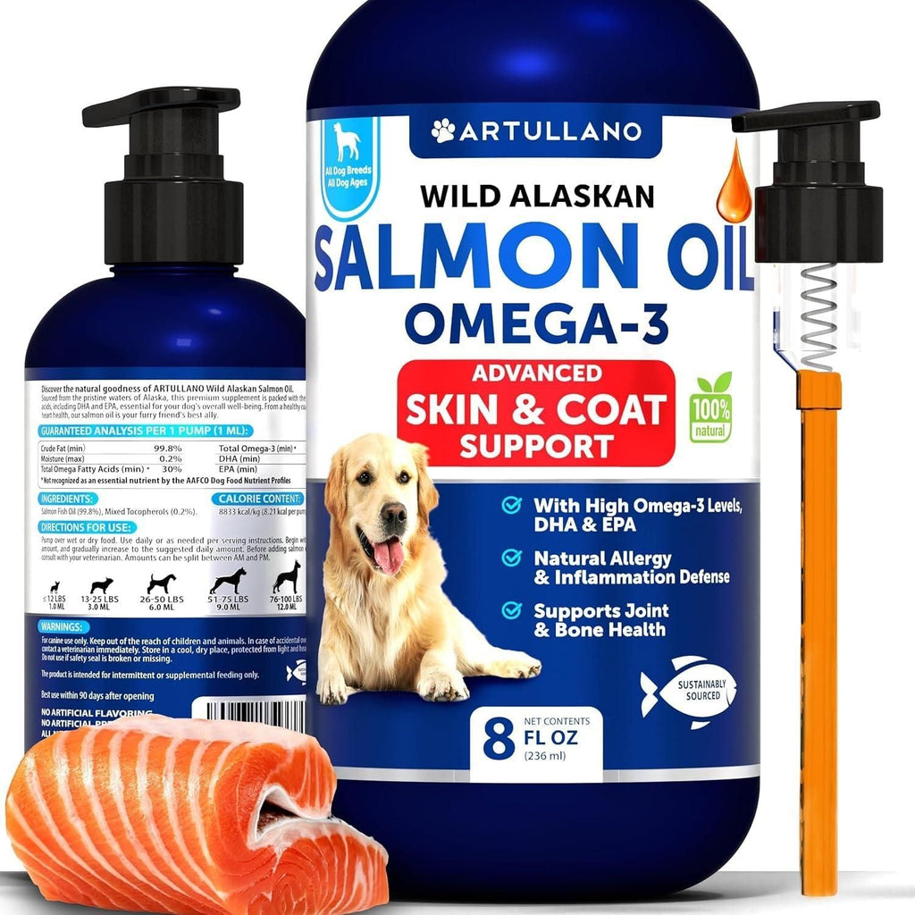 Salmon Oil for Dogs Omega 3 for Dogs 8 FL OZ Wild Alaskan Salmon Fish Oil Natural EPA & DHA Fatty Acids for Skin & Coat Allergy Joint & Bone Health Liquid Support Supplement for Shedding - Dog Time Outlet
