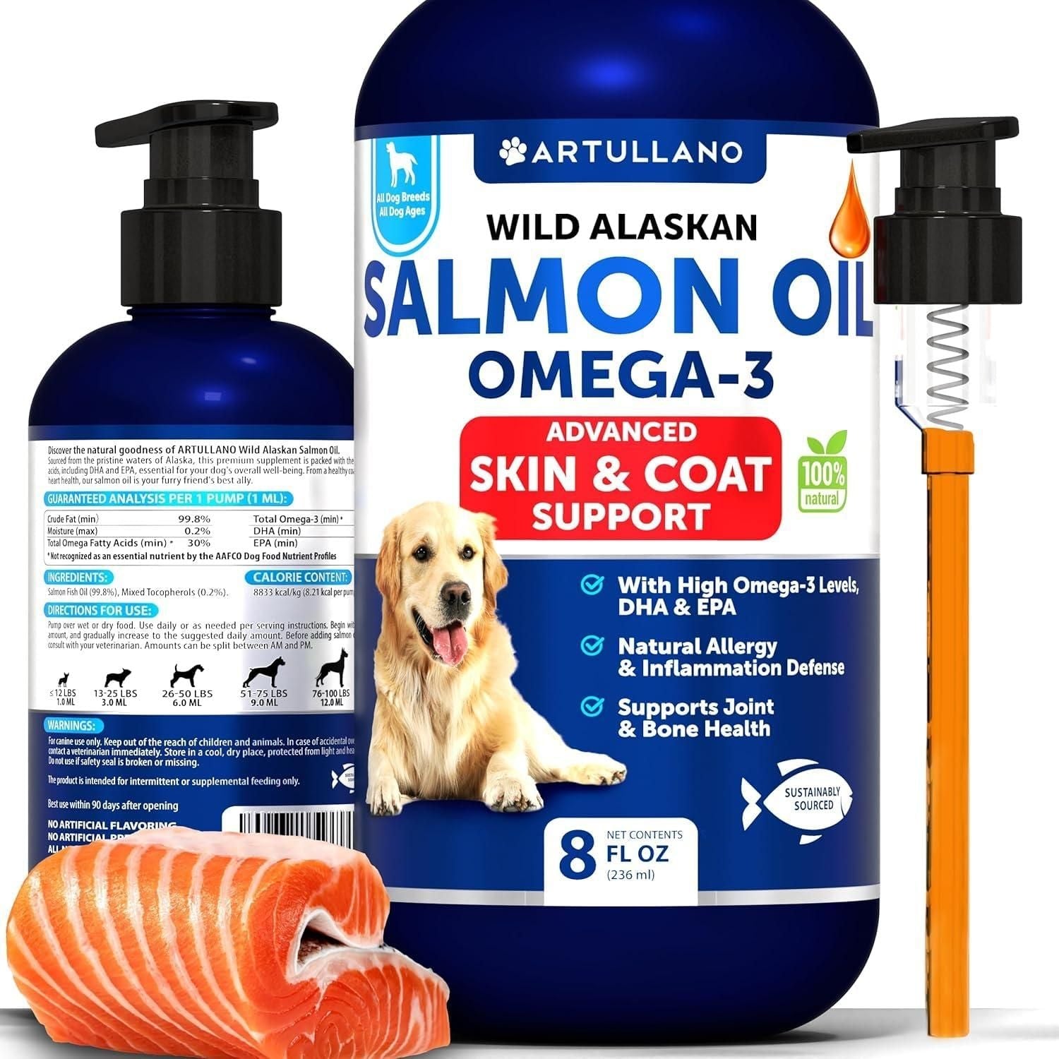 Salmon Oil for Dogs Omega 3 for Dogs 8 FL OZ Wild Alaskan Salmon Fish Oil Natural EPA & DHA Fatty Acids for Skin & Coat Allergy Joint & Bone Health Liquid Support Supplement for Shedding - Dog Time Outlet