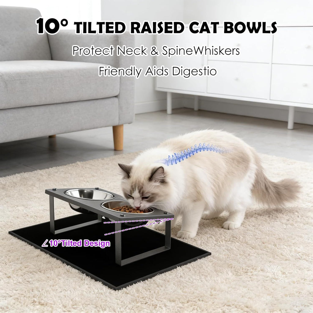 Tilted Elevated Cat Feeding Station with Splash Mat – Anti - Vomiting Bowls & Whisker Friendly Design for Kittens and Puppies - Dog Time Outlet