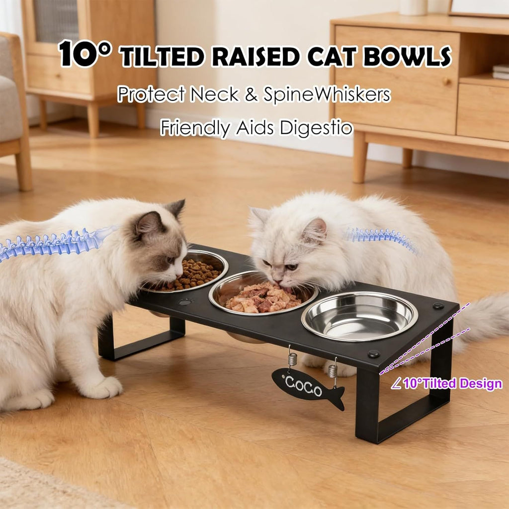 Tilted Elevated Cat Feeding Station with Splash Mat – Anti - Vomiting Bowls & Whisker Friendly Design for Kittens and Puppies - Dog Time Outlet