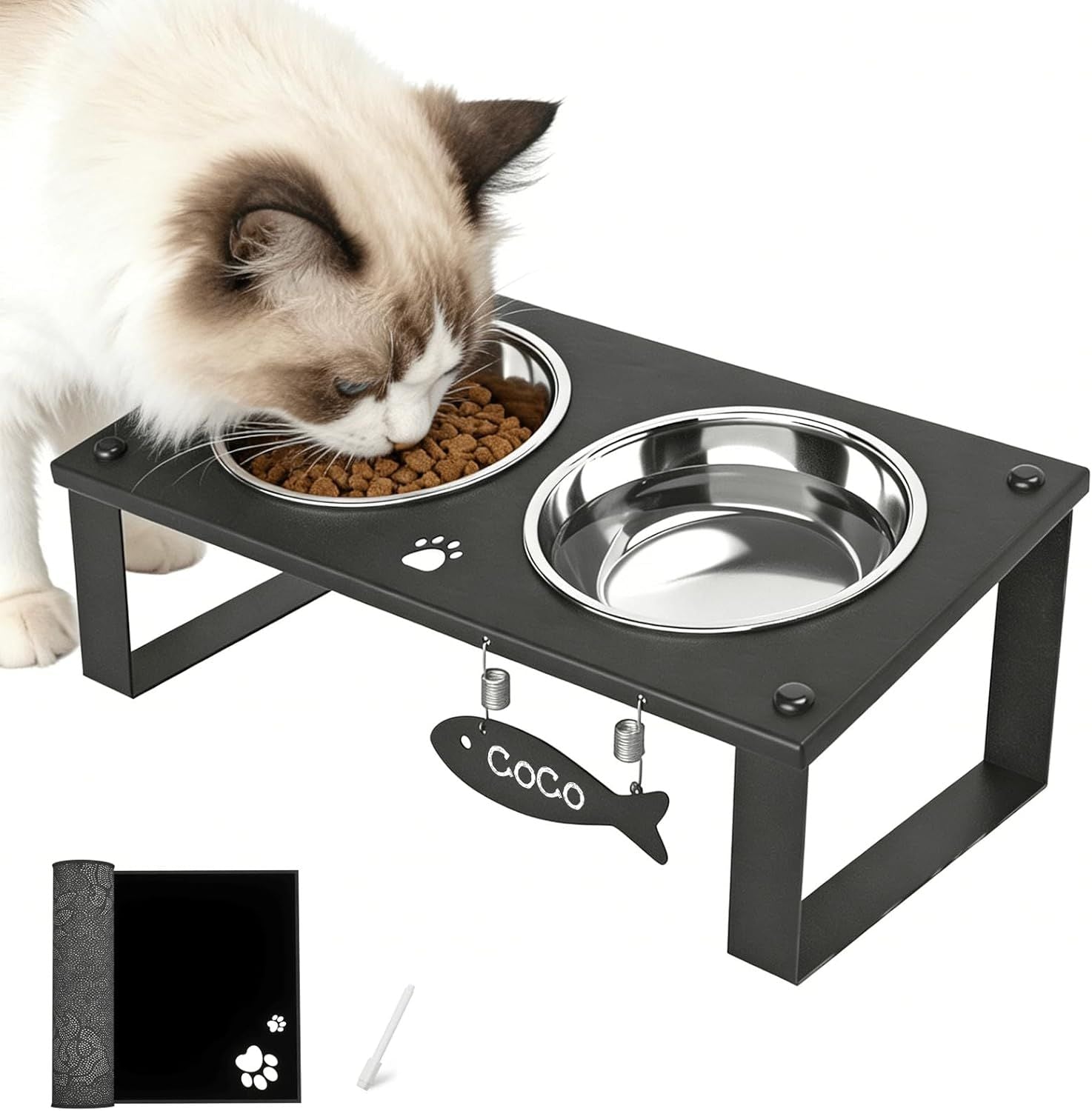 Tilted Elevated Cat Feeding Station with Splash Mat – Anti - Vomiting Bowls & Whisker Friendly Design for Kittens and Puppies - Dog Time Outlet