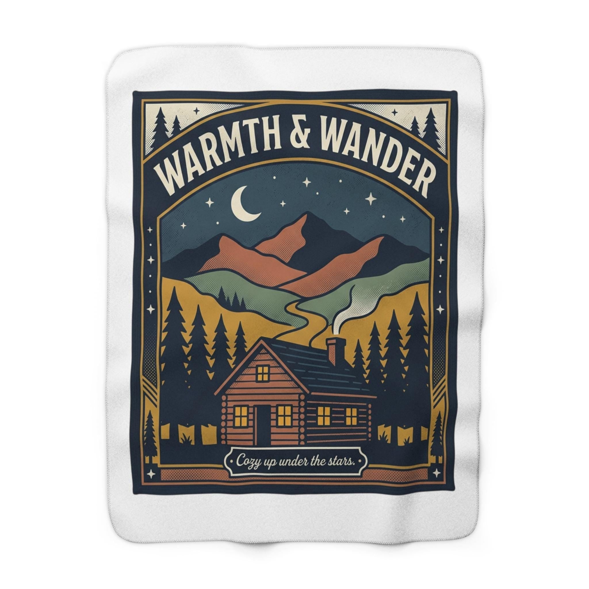 Warmth & Wander cabin scene Sherpa blanket | mountain camping, cozy lodge throw - Dog Time Outlet