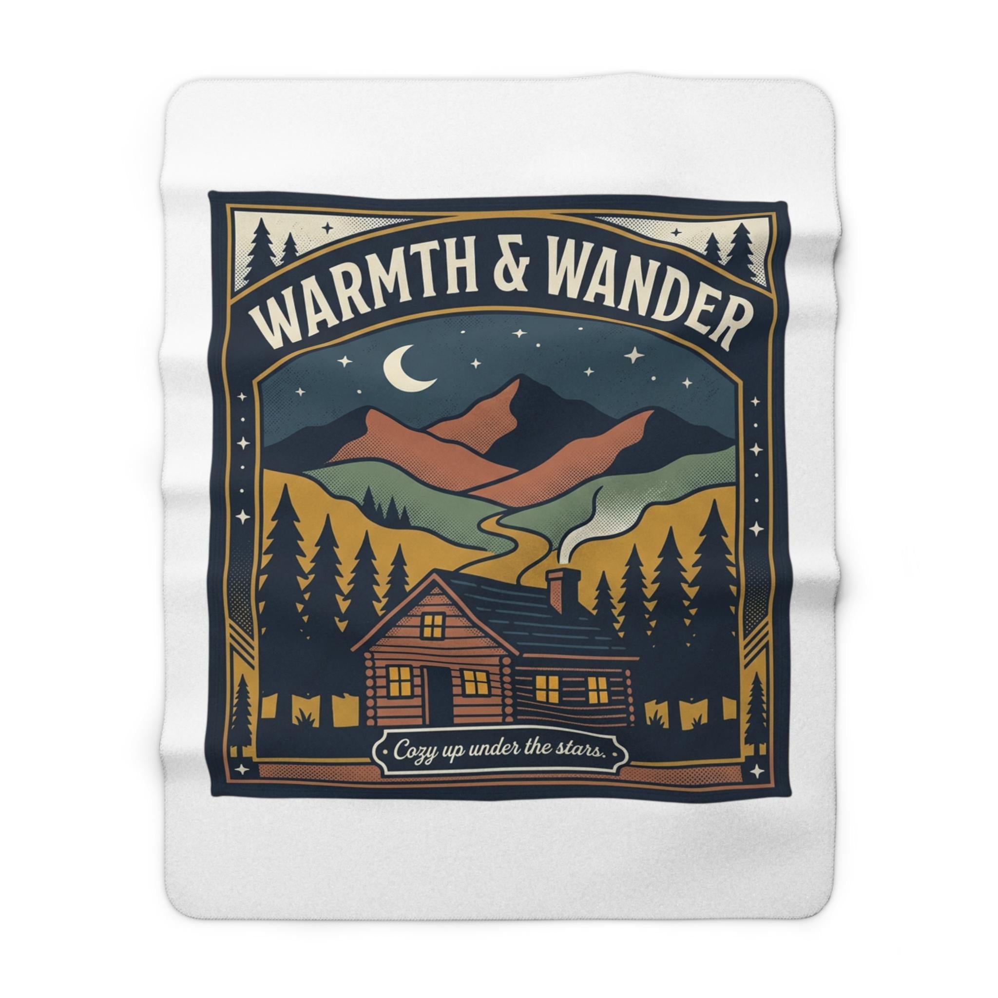Warmth & Wander cabin scene Sherpa blanket | mountain camping, cozy lodge throw - Dog Time Outlet