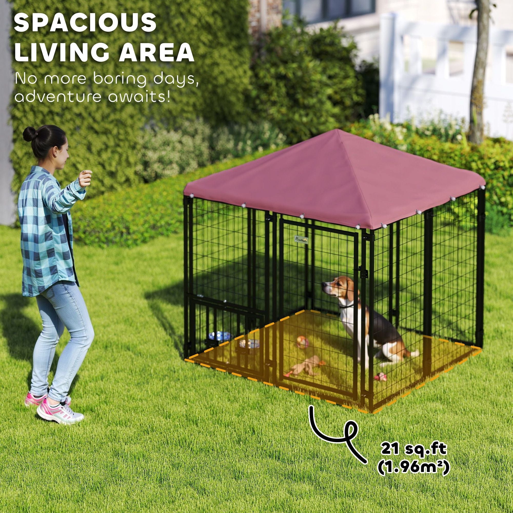Welded Wire Outdoor Dog Kennel with 360° Rotating & 4 Levels Adjustable Bowls, Waterproof Cover, 4.6' x 4.6' x 5' - Dog Time Outlet