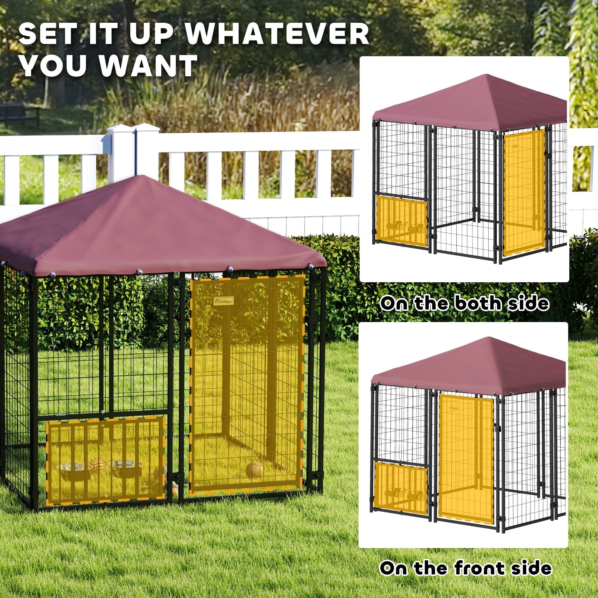 Welded Wire Outdoor Dog Kennel with 360° Rotating & 4 Levels Adjustable Bowls, Waterproof Cover, 4.6' x 4.6' x 5' - Dog Time Outlet