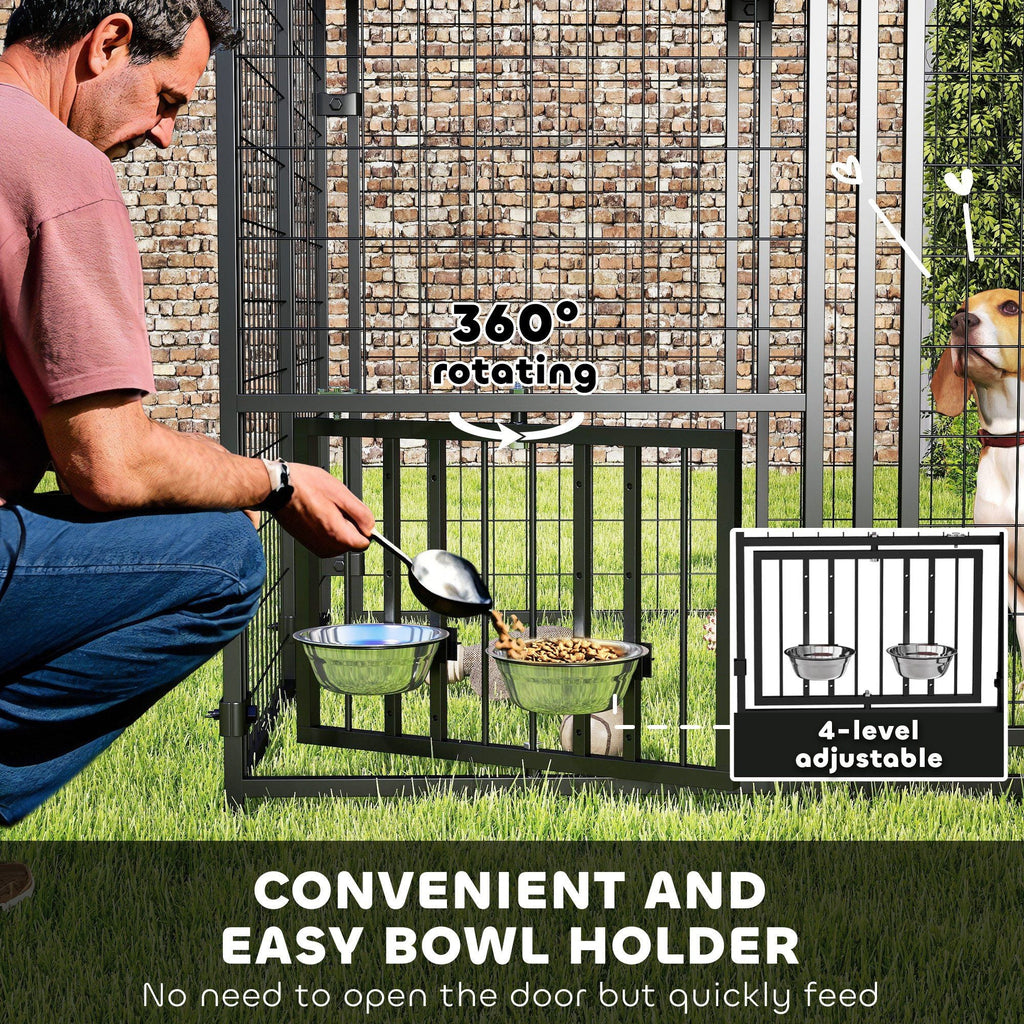 Welded Wire Outdoor Dog Kennel with 360° Rotating & 4 Levels Adjustable Bowls, Waterproof Cover, 4.6' x 4.6' x 5' - Dog Time Outlet