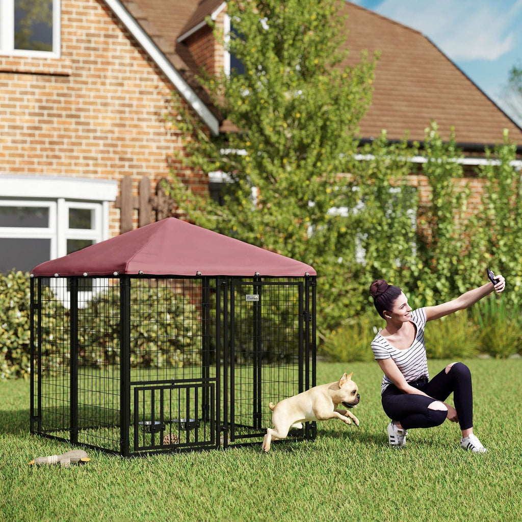 Welded Wire Outdoor Dog Kennel with 360° Rotating & 4 Levels Adjustable Bowls, Waterproof Cover, 4.6' x 4.6' x 5' - Dog Time Outlet