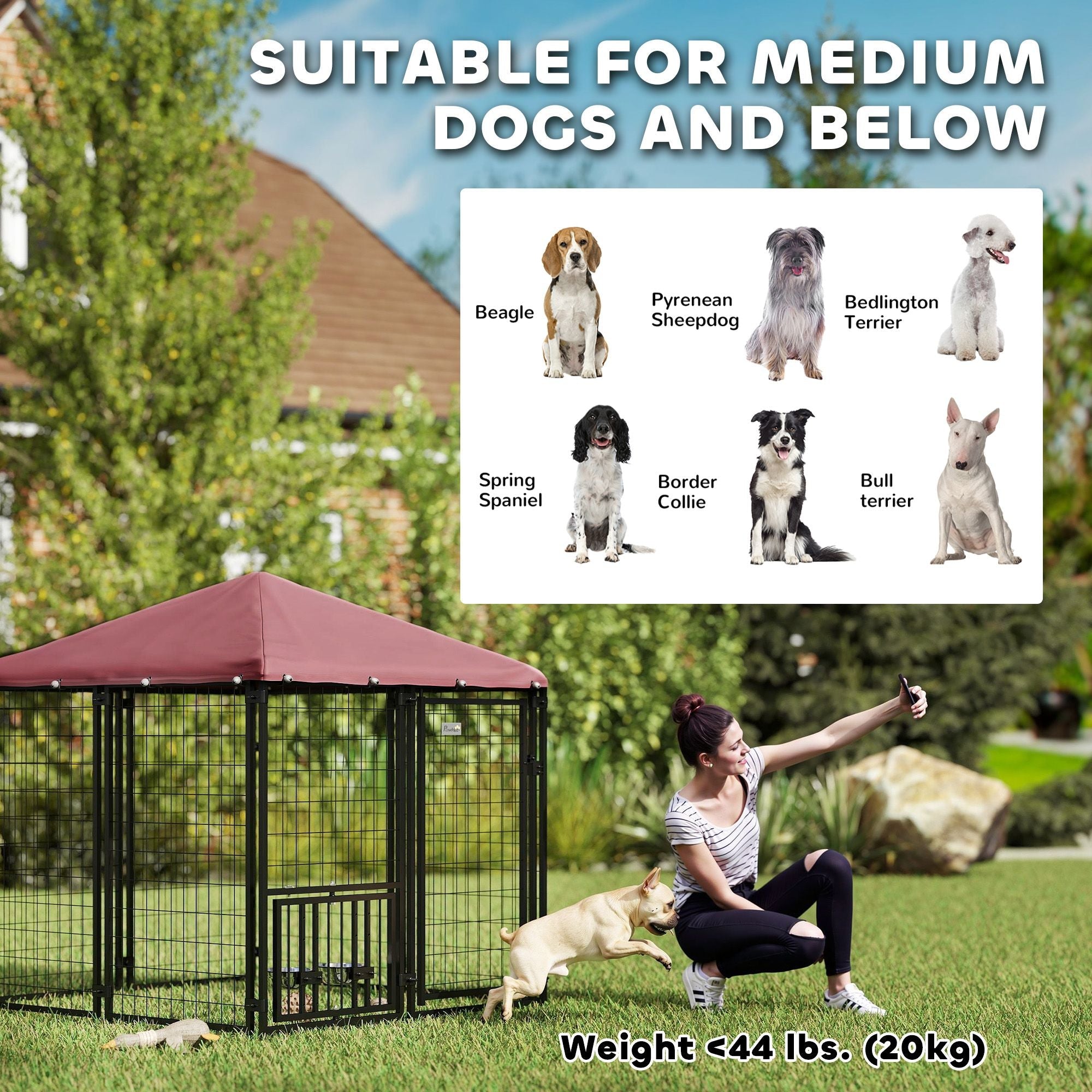 Welded Wire Outdoor Dog Kennel with 360° Rotating & 4 Levels Adjustable Bowls, Waterproof Cover, 4.6' x 4.6' x 5' - Dog Time Outlet