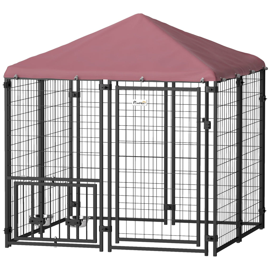 Welded Wire Outdoor Dog Kennel with 360° Rotating & 4 Levels Adjustable Bowls, Waterproof Cover, 4.6' x 4.6' x 5' - Dog Time Outlet