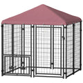 Welded Wire Outdoor Dog Kennel with 360° Rotating & 4 Levels Adjustable Bowls, Waterproof Cover, 4.6' x 4.6' x 5' - Dog Time Outlet