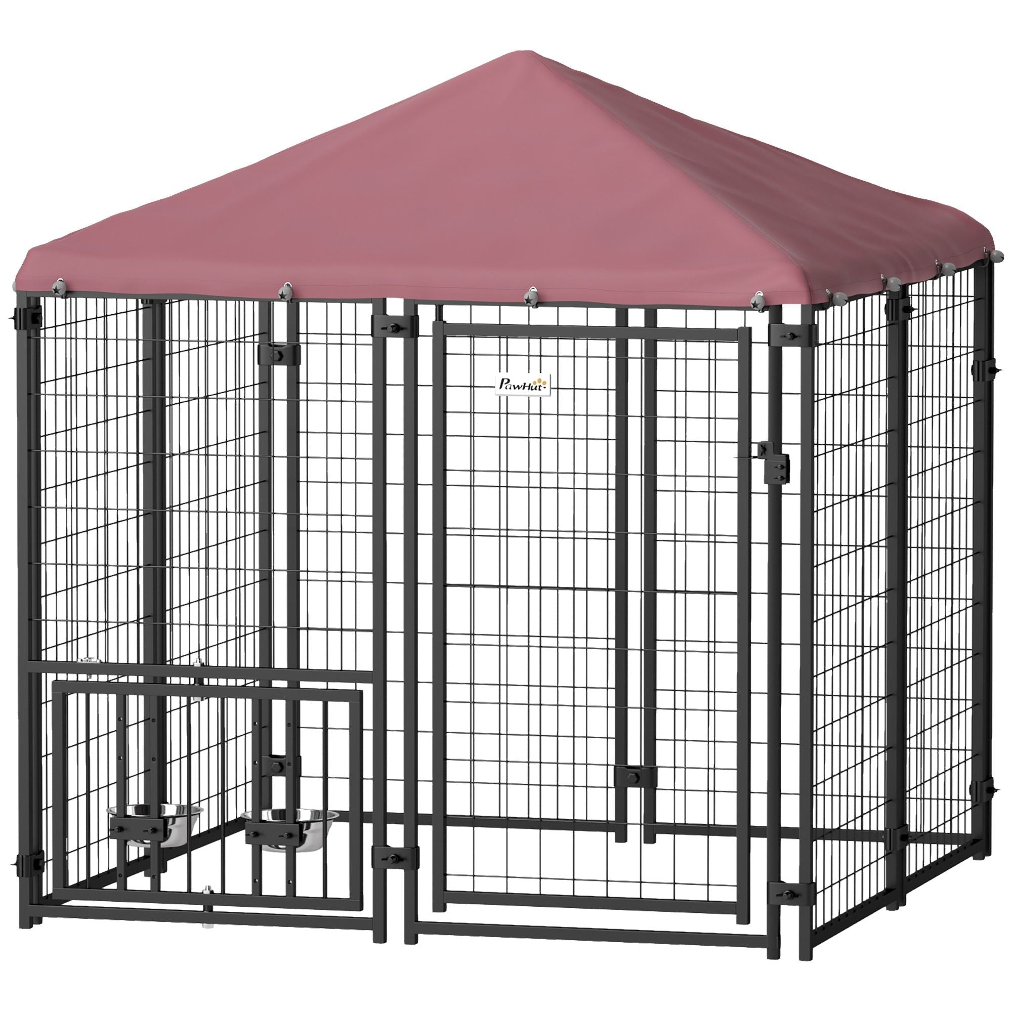 Welded Wire Outdoor Dog Kennel with 360° Rotating & 4 Levels Adjustable Bowls, Waterproof Cover, 4.6' x 4.6' x 5' - Dog Time Outlet