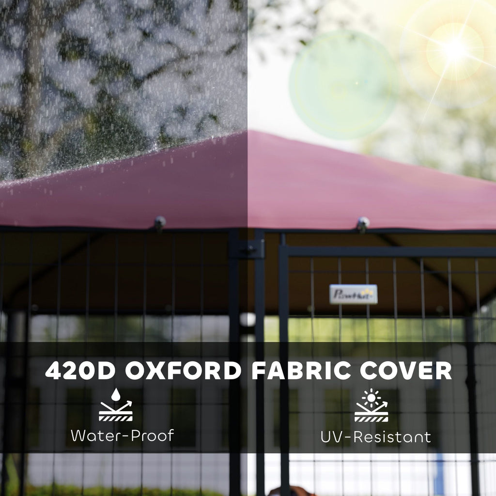 Welded Wire Outdoor Dog Kennel with 360° Rotating & 4 Levels Adjustable Bowls, Waterproof Cover, 4.6' x 4.6' x 5' - Dog Time Outlet