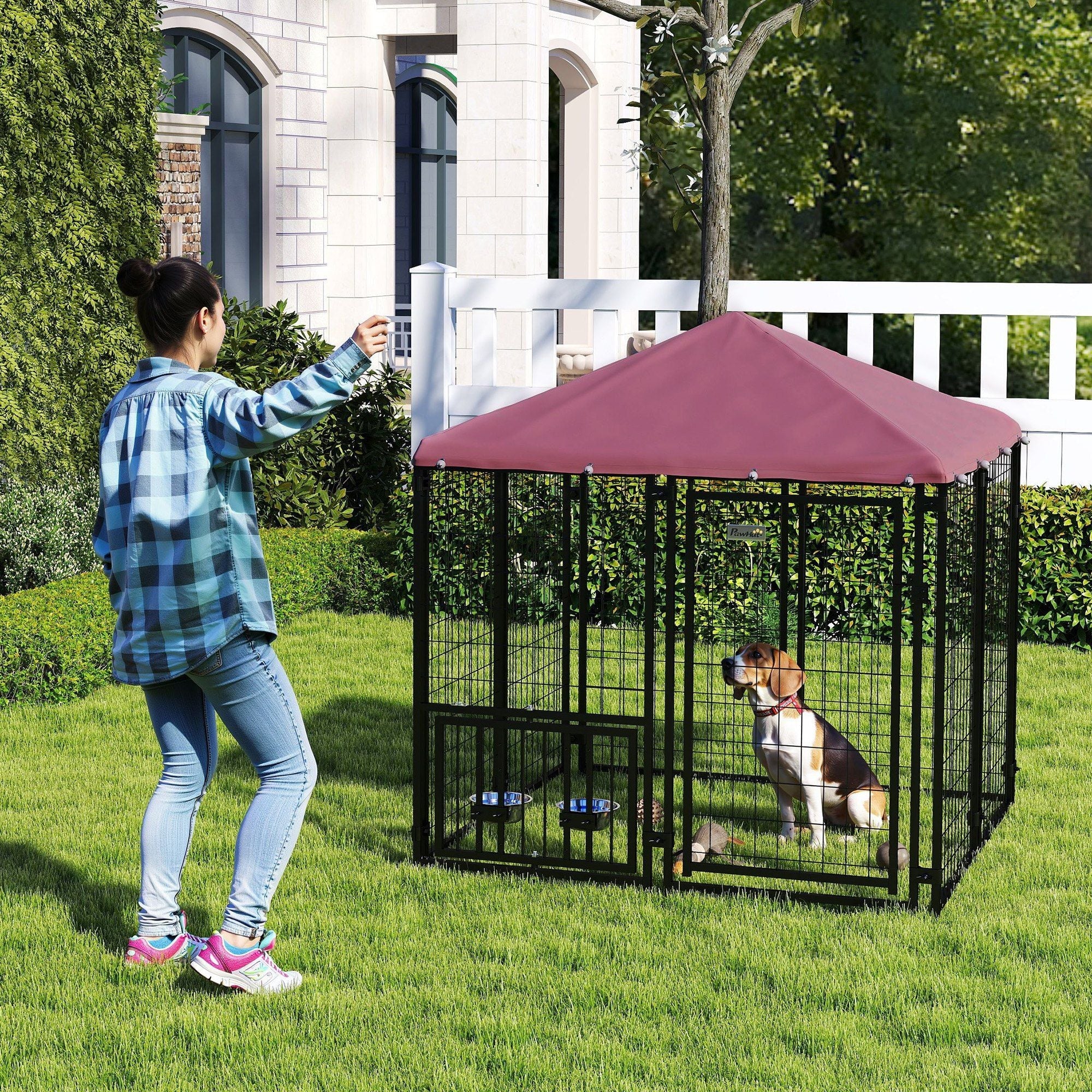 Welded Wire Outdoor Dog Kennel with 360° Rotating & 4 Levels Adjustable Bowls, Waterproof Cover, 4.6' x 4.6' x 5' - Dog Time Outlet