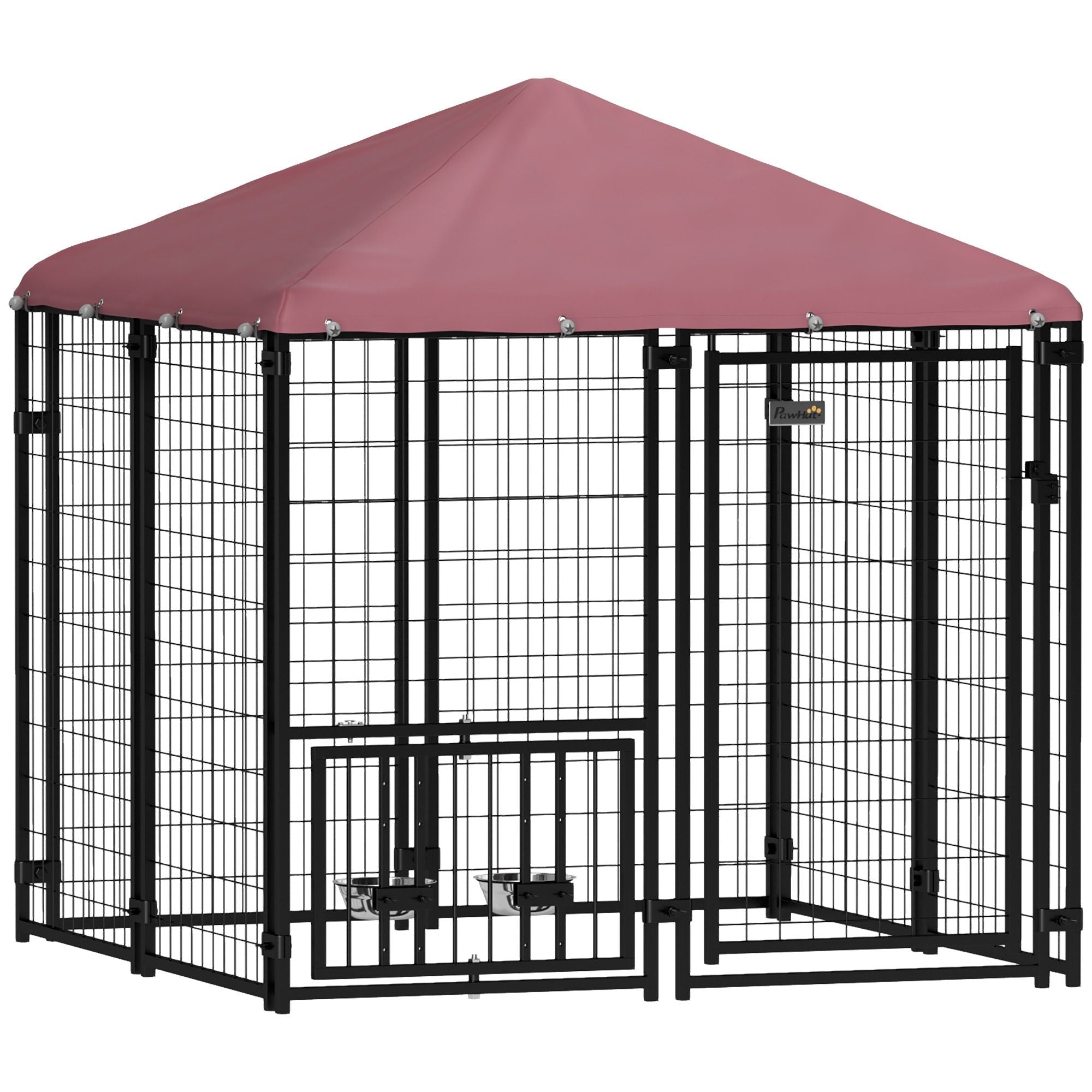 Welded Wire Outdoor Dog Kennel with 360° Rotating & 4 Levels Adjustable Bowls, Waterproof Cover, 4.6' x 4.6' x 5' - Dog Time Outlet