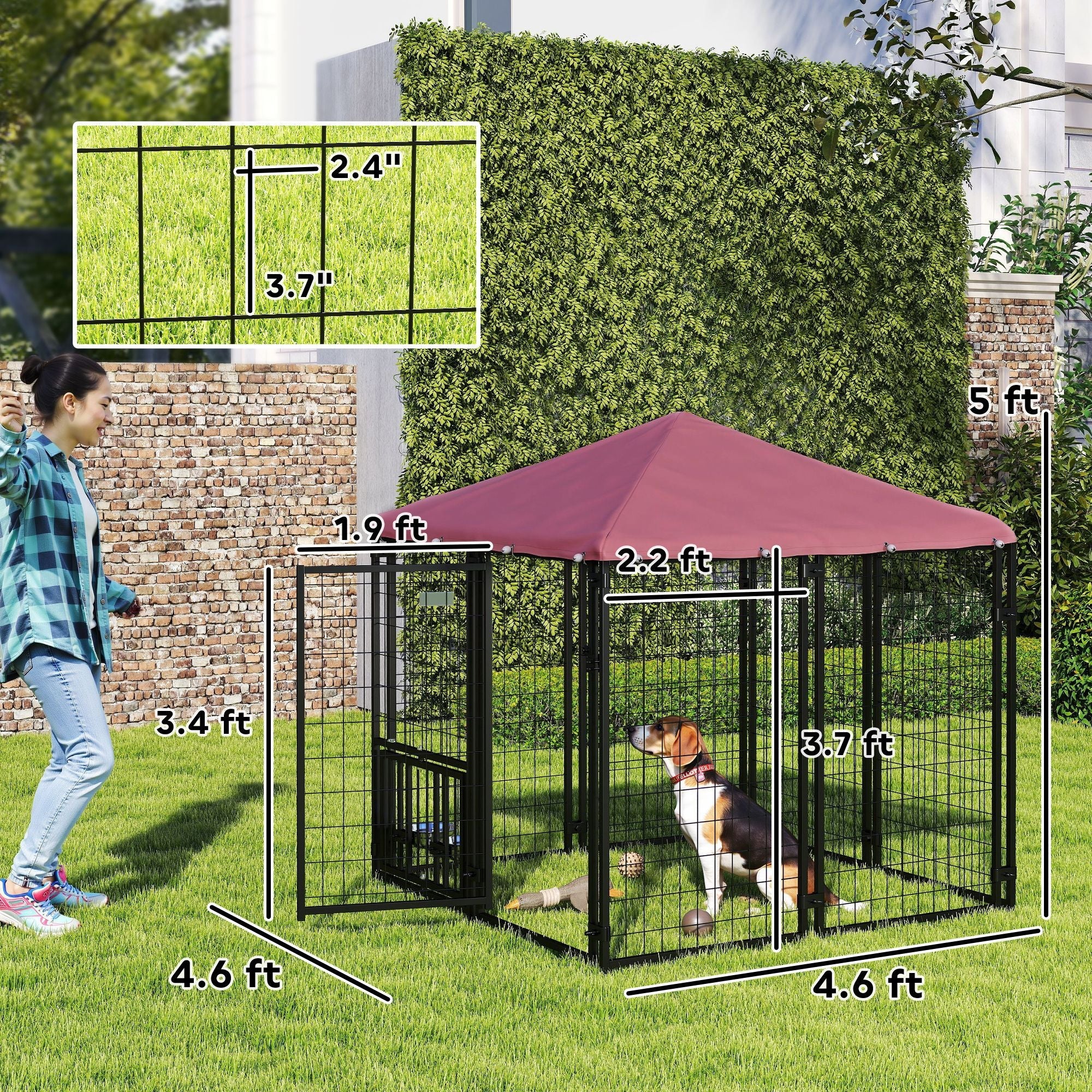 Welded Wire Outdoor Dog Kennel with 360° Rotating & 4 Levels Adjustable Bowls, Waterproof Cover, 4.6' x 4.6' x 5' - Dog Time Outlet