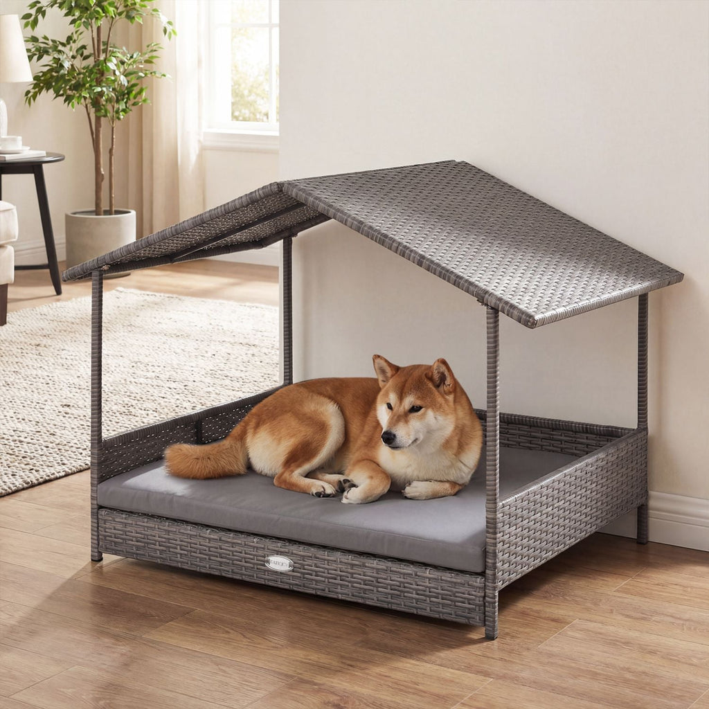 Wicker Dog House Elevated PE Rattan Dog Bed with Canopy - Dog Time Outlet