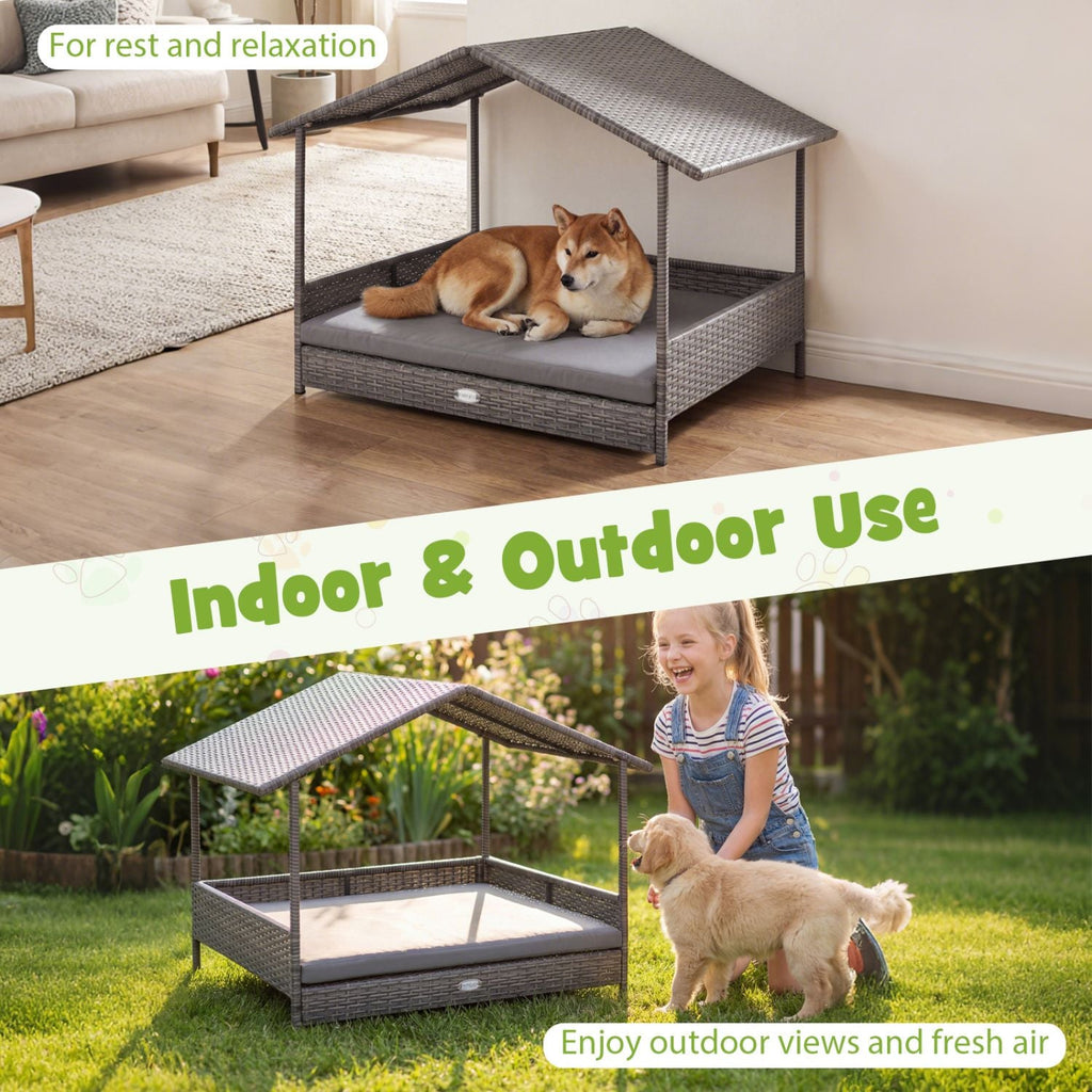 Wicker Dog House Elevated PE Rattan Dog Bed with Canopy - Dog Time Outlet