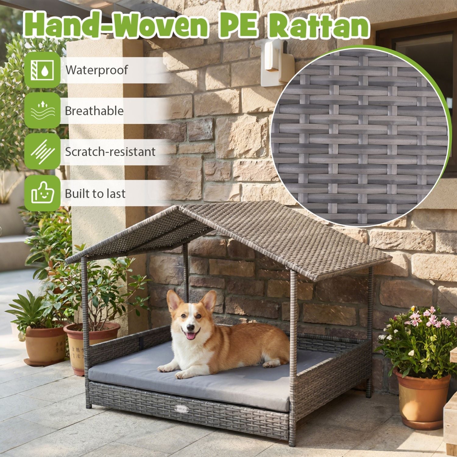 Wicker Dog House Elevated PE Rattan Dog Bed with Canopy - Dog Time Outlet