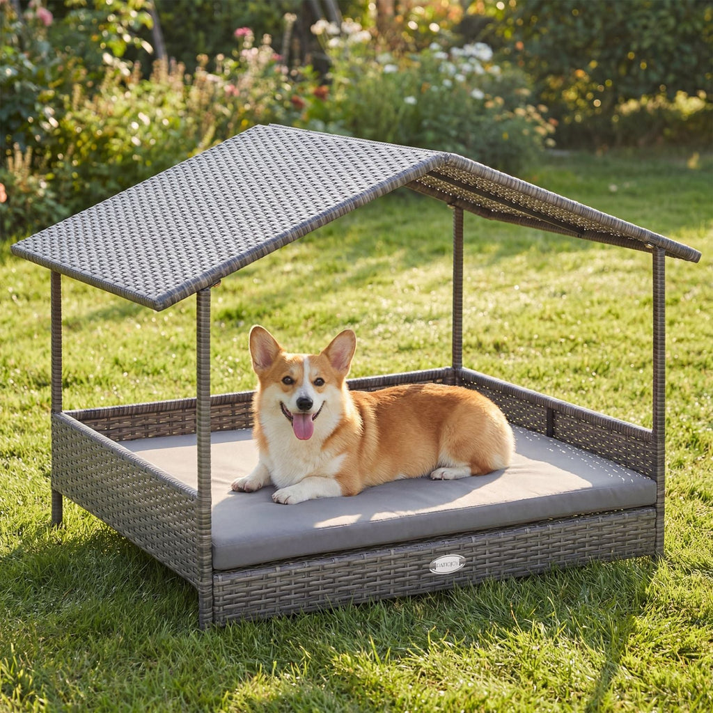 Wicker Dog House Elevated PE Rattan Dog Bed with Canopy - Dog Time Outlet