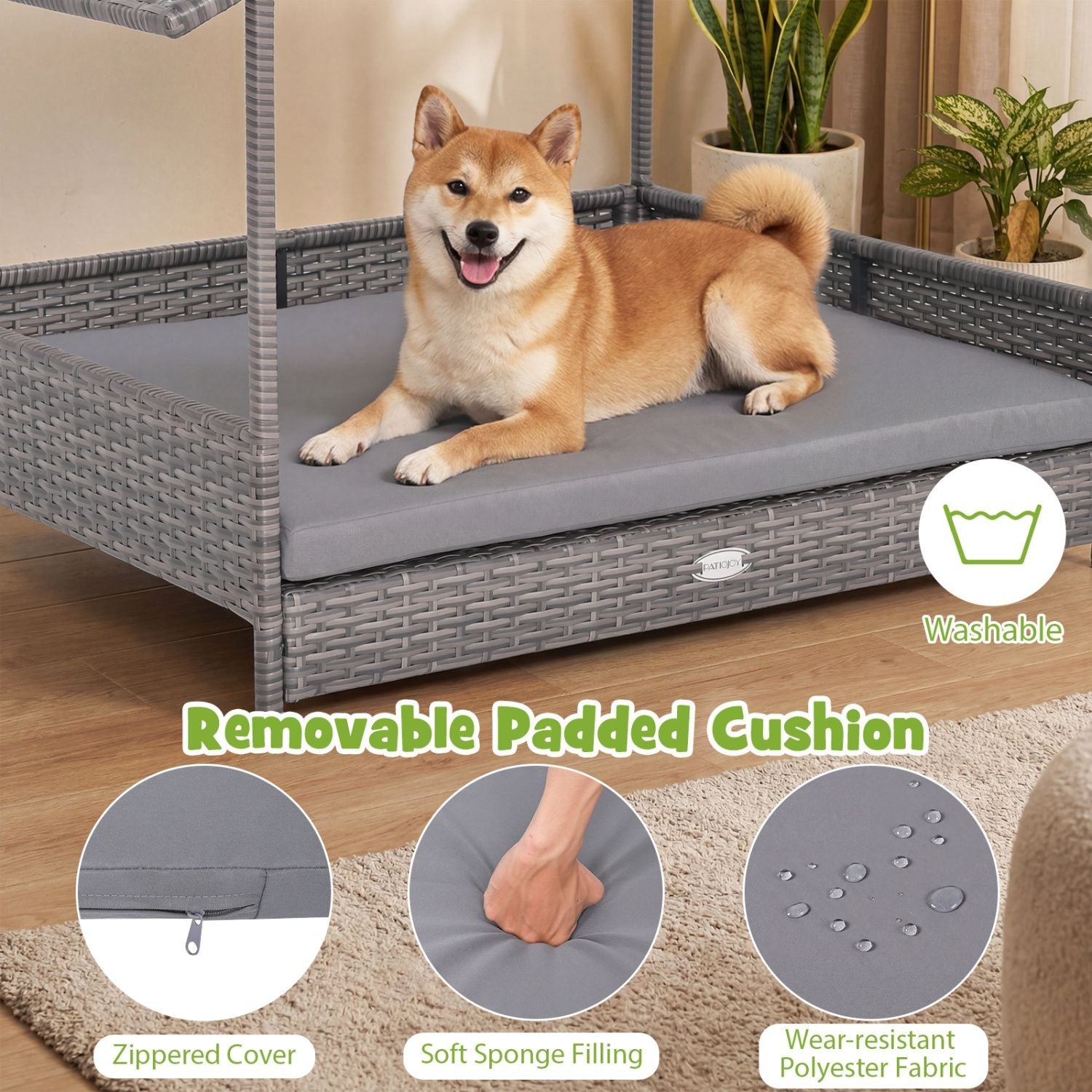 Wicker Dog House Elevated PE Rattan Dog Bed with Canopy - Dog Time Outlet