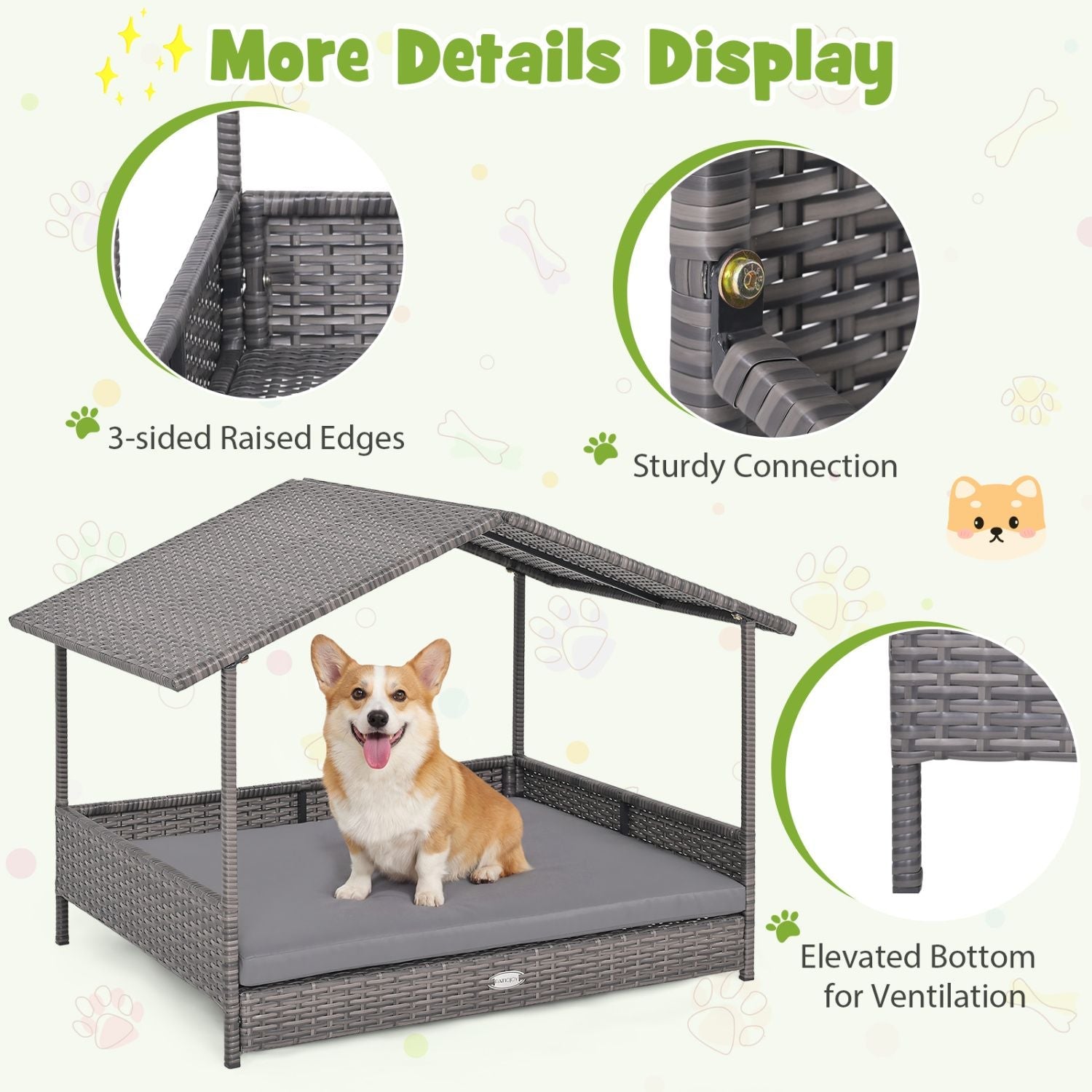 Wicker Dog House Elevated PE Rattan Dog Bed with Canopy - Dog Time Outlet