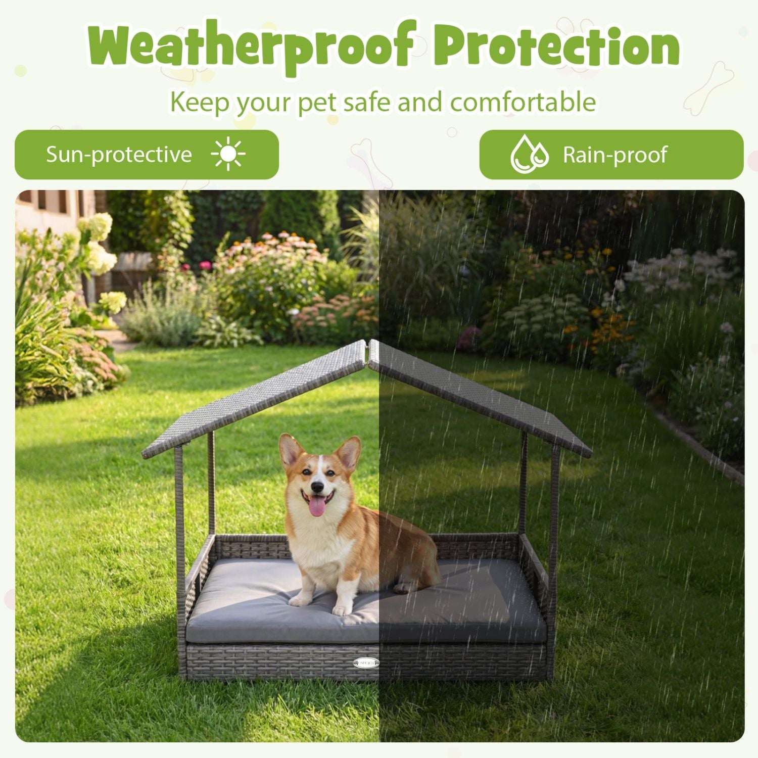 Wicker Dog House Elevated PE Rattan Dog Bed with Canopy - Dog Time Outlet