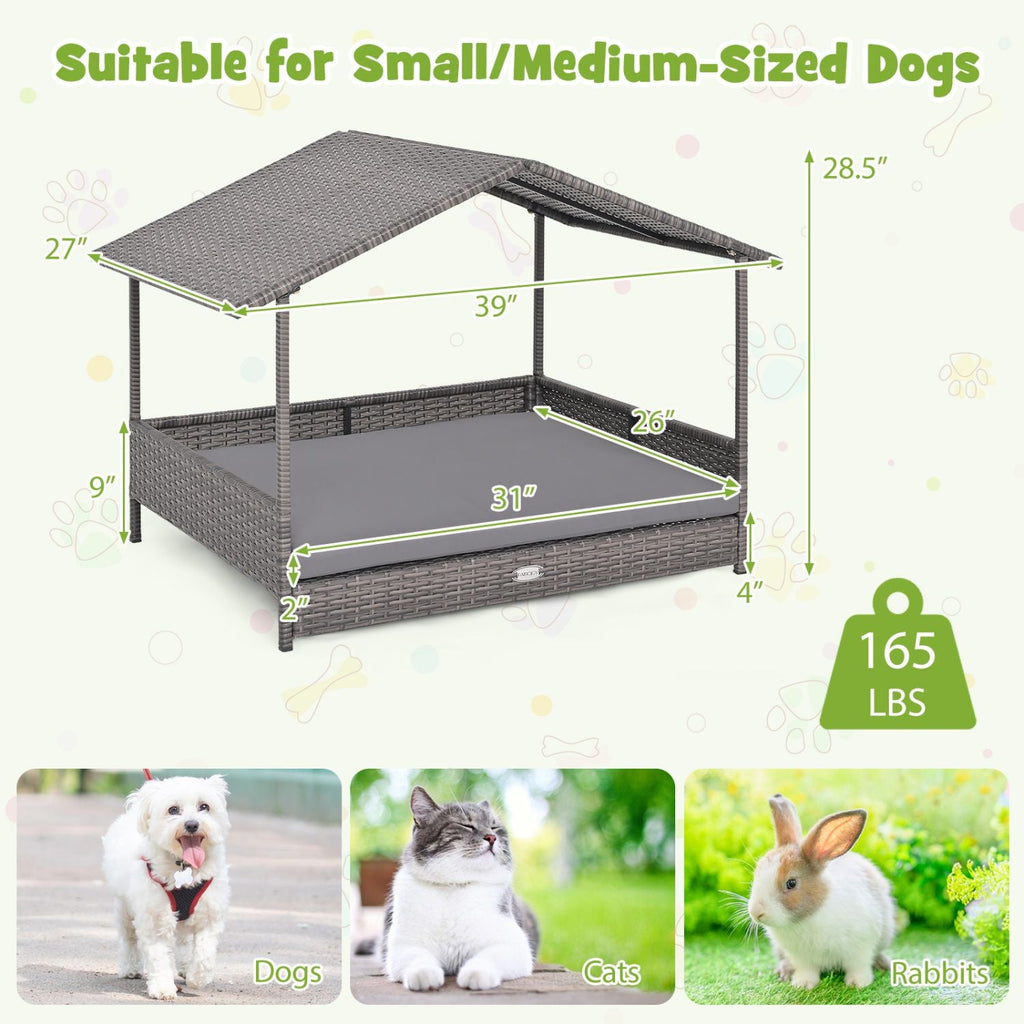 Wicker Dog House Elevated PE Rattan Dog Bed with Canopy - Dog Time Outlet