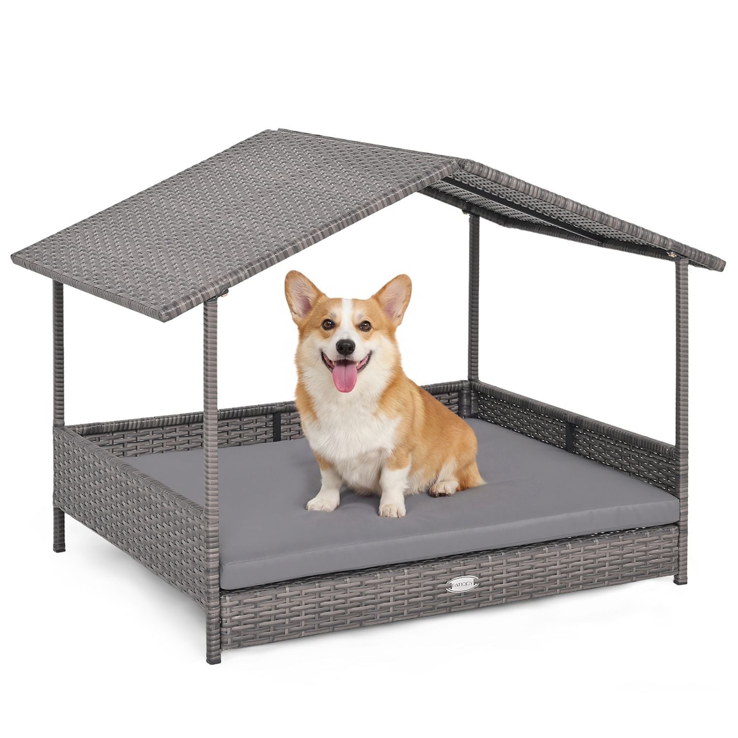 Wicker Dog House Elevated PE Rattan Dog Bed with Canopy - Dog Time Outlet