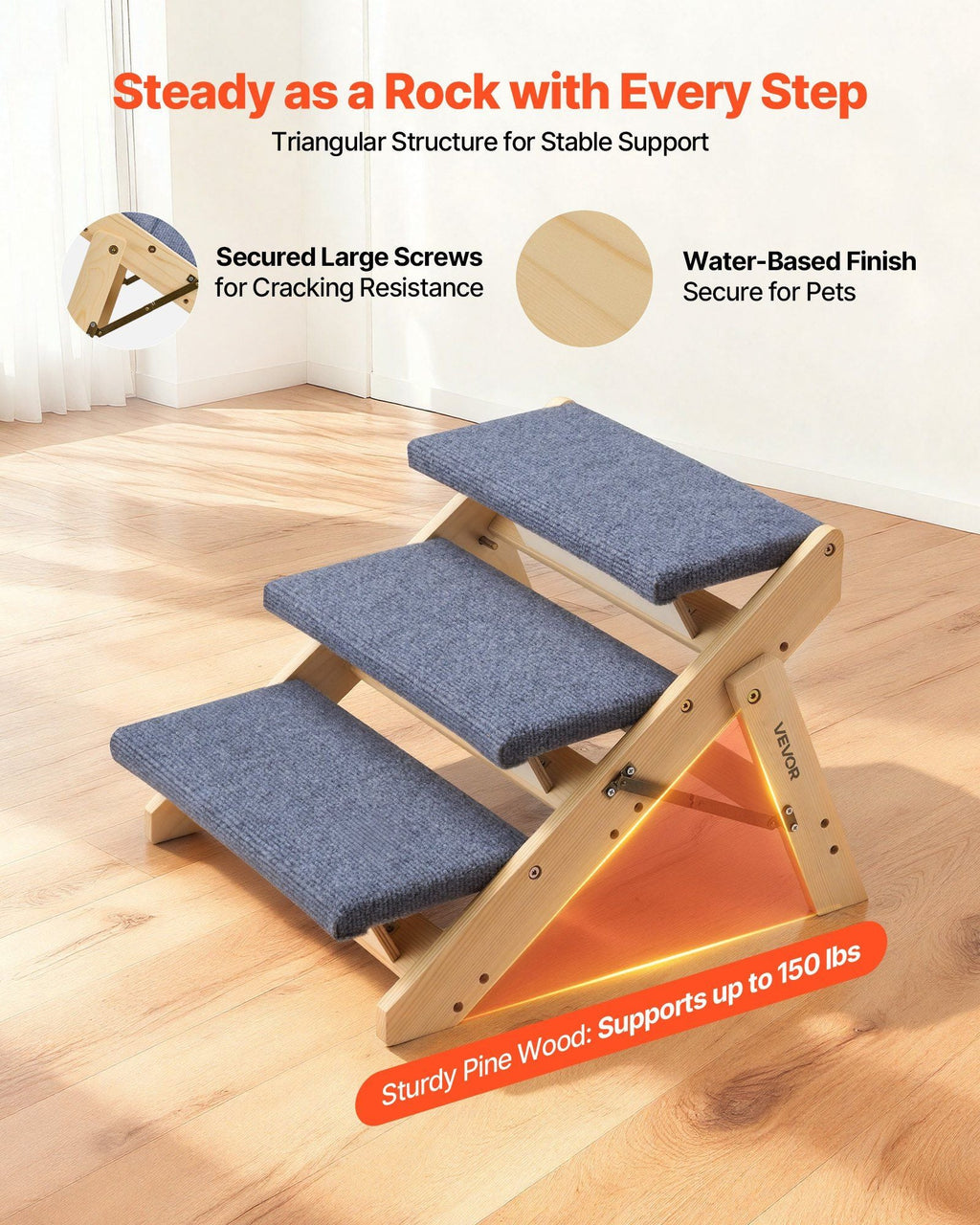 Wood Pet Stairs, 3 - Step Dog Stairs for Beds, Sofa & Cars, 150lbs Load Capacity, Floded Flat Design, Stable & Sturdy Cat & Dog Step Ladder for Small Medium Large Older Pet Puppy Essentials - Dog Time Outlet