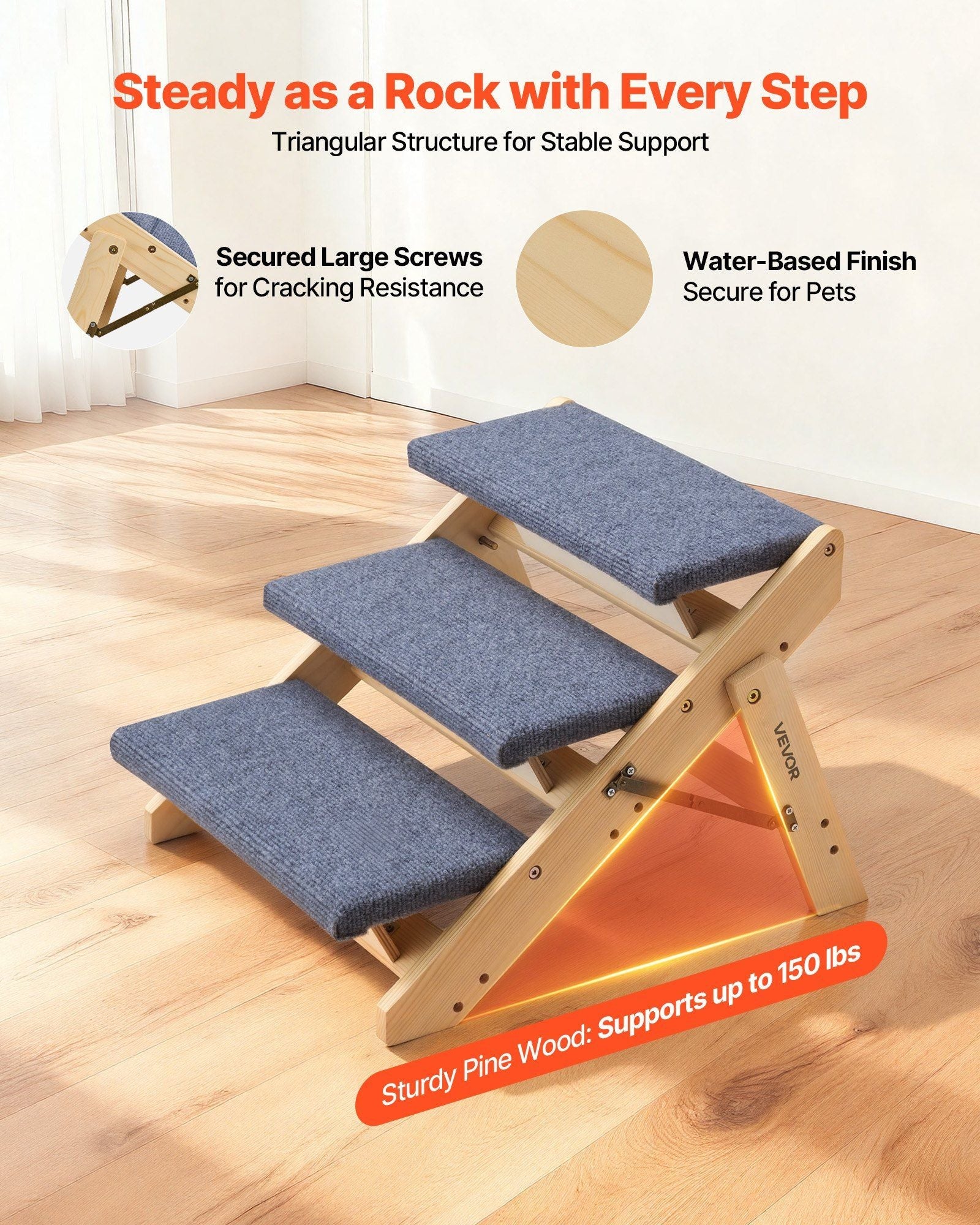 Wood Pet Stairs, 3 - Step Dog Stairs for Beds, Sofa & Cars, 150lbs Load Capacity, Floded Flat Design, Stable & Sturdy Cat & Dog Step Ladder for Small Medium Large Older Pet Puppy Essentials - Dog Time Outlet