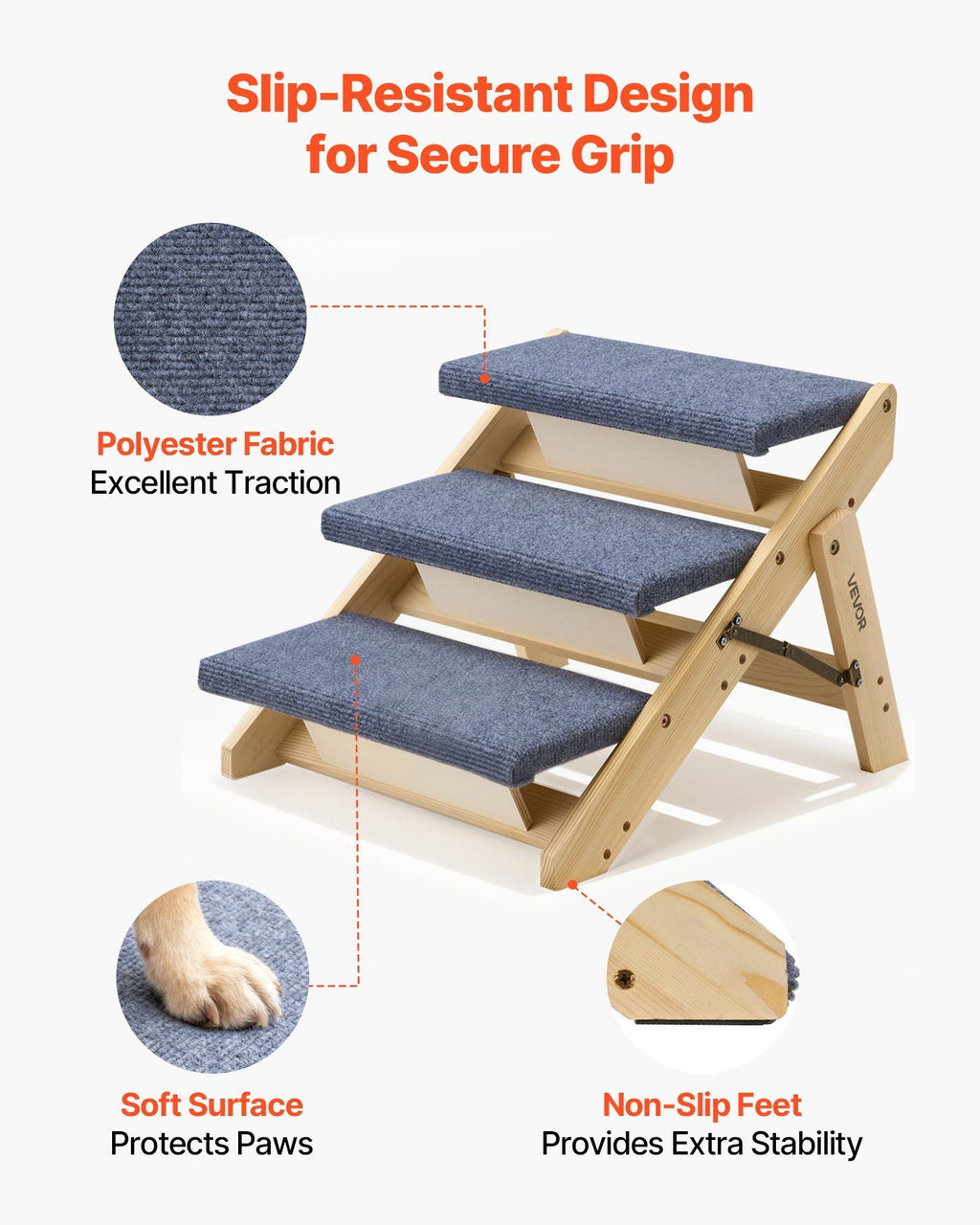 Wood Pet Stairs, 3 - Step Dog Stairs for Beds, Sofa & Cars, 150lbs Load Capacity, Floded Flat Design, Stable & Sturdy Cat & Dog Step Ladder for Small Medium Large Older Pet Puppy Essentials - Dog Time Outlet
