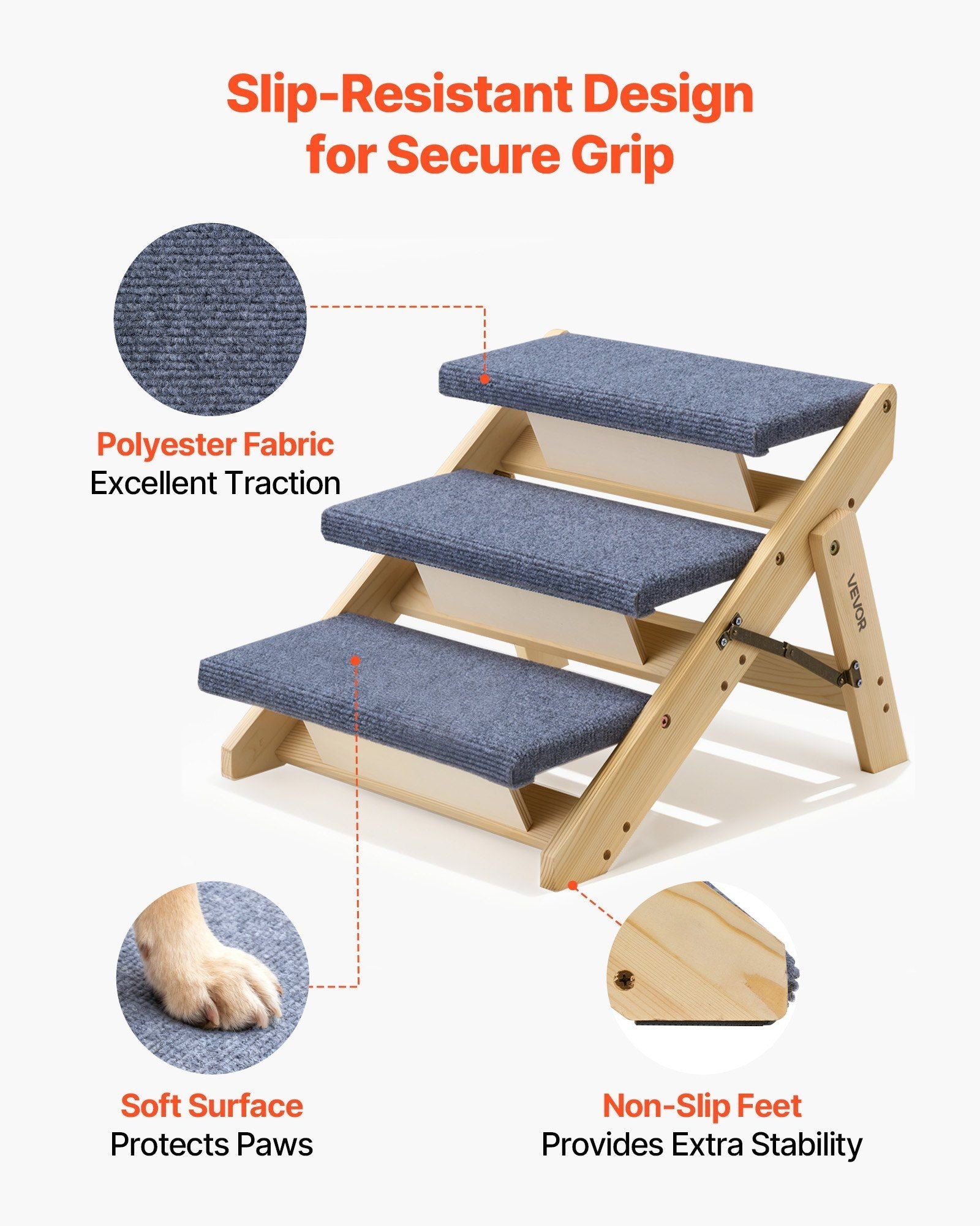 Wood Pet Stairs, 3 - Step Dog Stairs for Beds, Sofa & Cars, 150lbs Load Capacity, Floded Flat Design, Stable & Sturdy Cat & Dog Step Ladder for Small Medium Large Older Pet Puppy Essentials - Dog Time Outlet