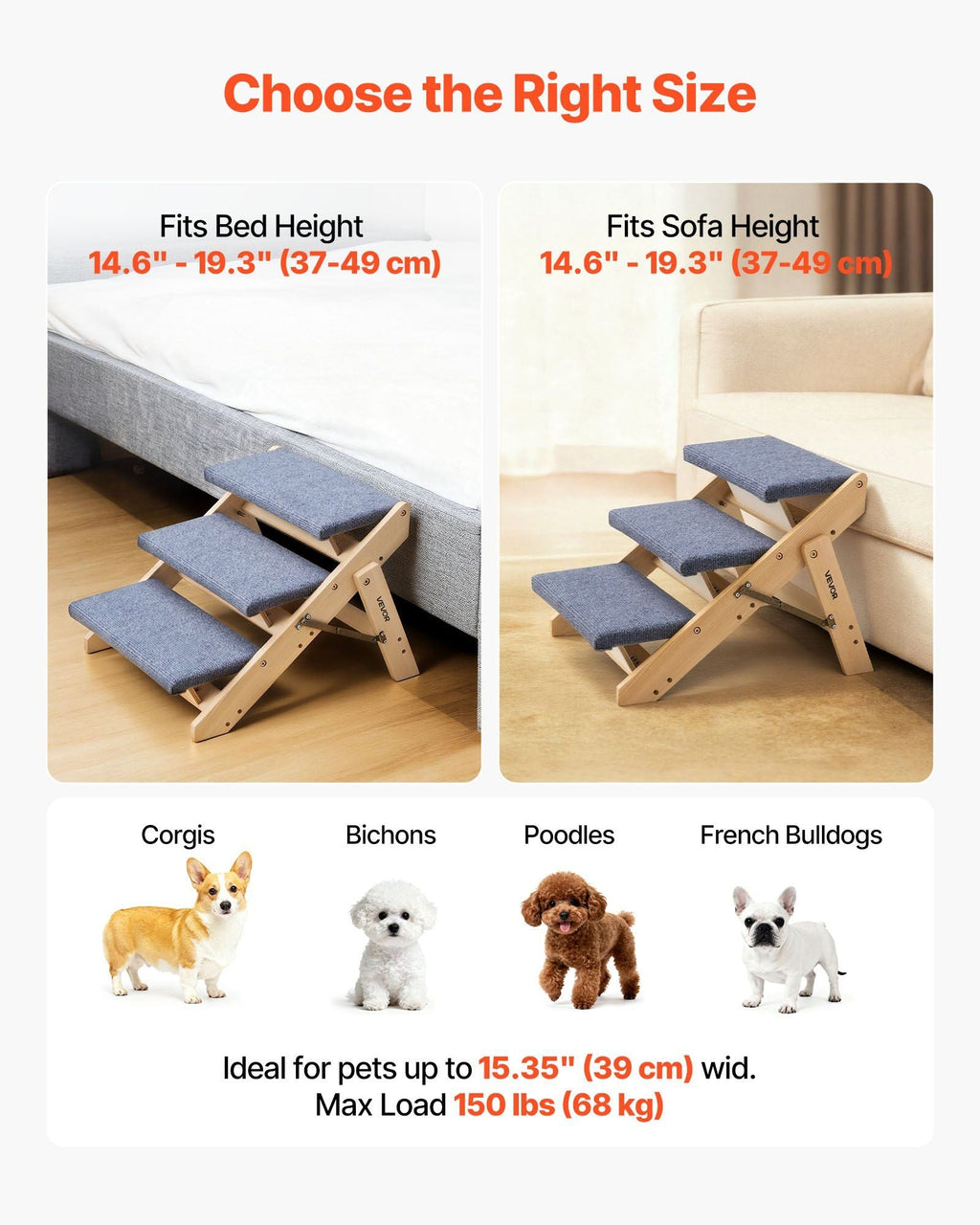 Wood Pet Stairs, 3 - Step Dog Stairs for Beds, Sofa & Cars, 150lbs Load Capacity, Floded Flat Design, Stable & Sturdy Cat & Dog Step Ladder for Small Medium Large Older Pet Puppy Essentials - Dog Time Outlet