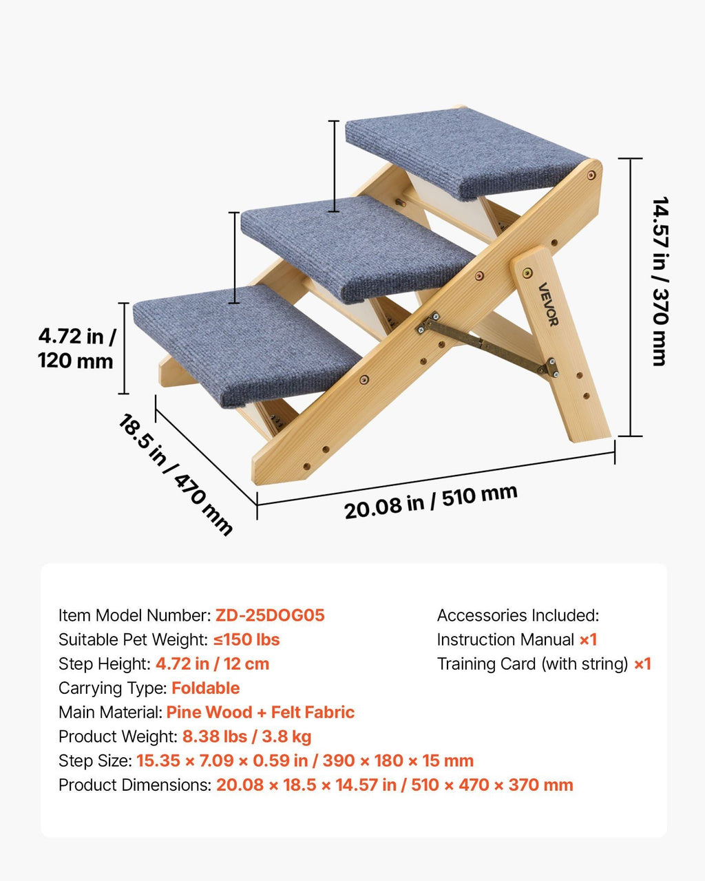 Wood Pet Stairs, 3 - Step Dog Stairs for Beds, Sofa & Cars, 150lbs Load Capacity, Floded Flat Design, Stable & Sturdy Cat & Dog Step Ladder for Small Medium Large Older Pet Puppy Essentials - Dog Time Outlet